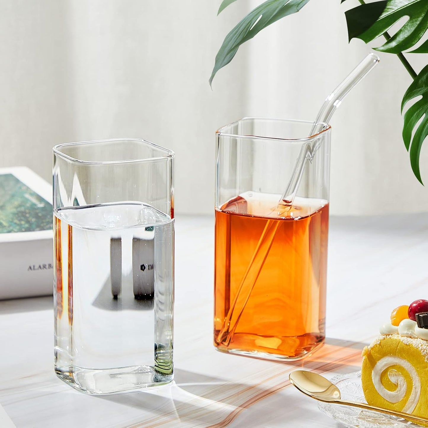 Sumind Set of 6 Square Drinking Glasses, Square Glass Cup 13 oz, Modern Highball Glassware Set, Thin Cocktail Glasses with Straws and Straw Brushes for Cocktail Coffee Water Juice Beer Drink Tumbler