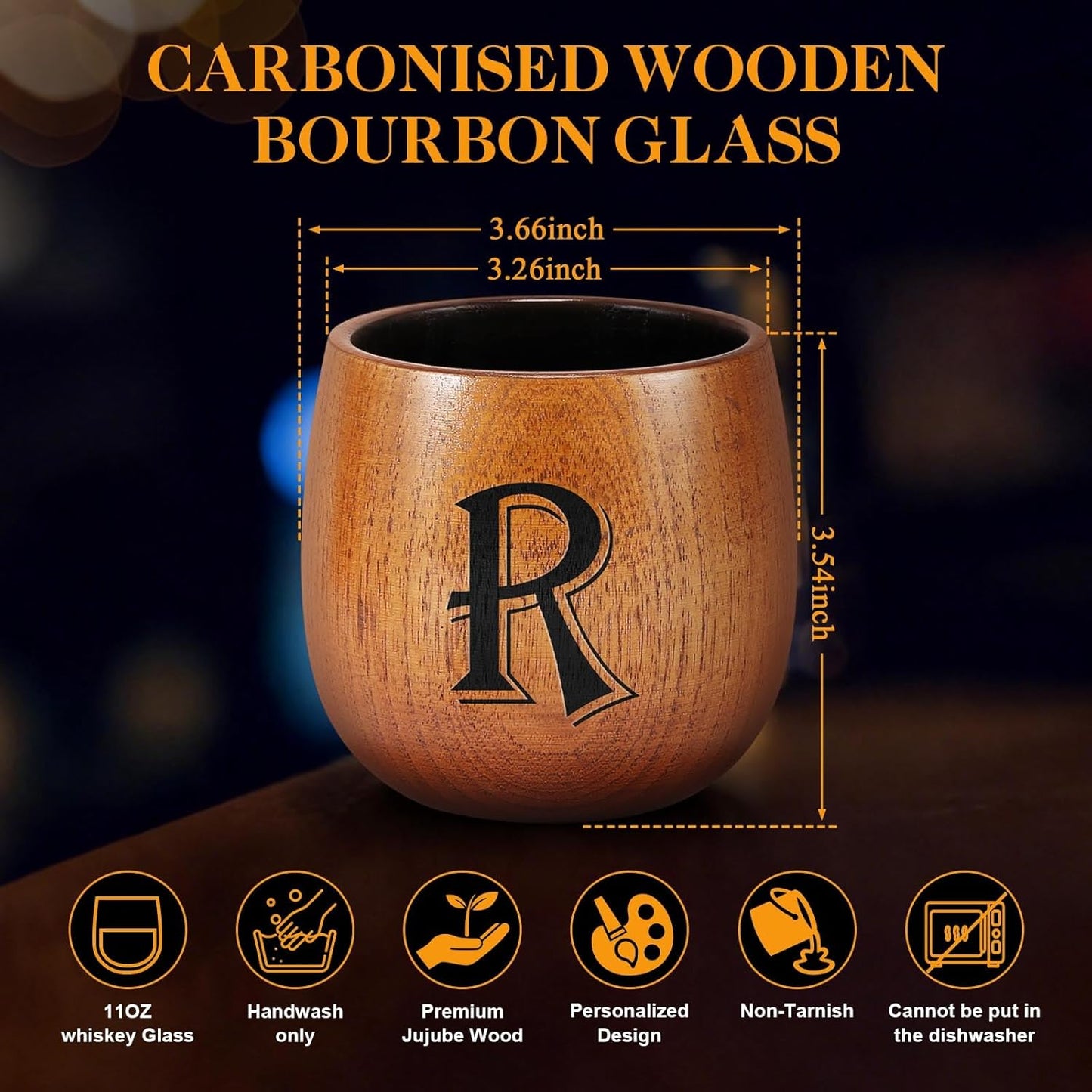 Astonlink Personalized Gifts for Men Husband Dad Boyfriend, Initial Charred Wooden Bourbon Drinking Glass & Whiskey Glasses Gift, Fathers Day Birthday Gifts for Men Dad Husband Brother Him (R)
