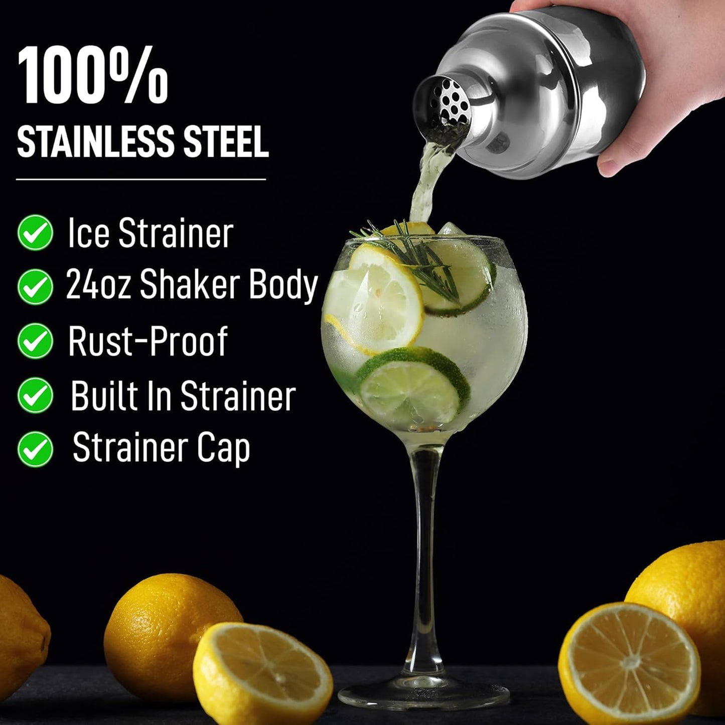 Zulay Cocktail Shaker (24oz) 18/8 Stainless Steel Martini Shaker with Built-in Strainer - Professional Grade Drink Shaker and Strainer for Bartending & Homebars (Silver)