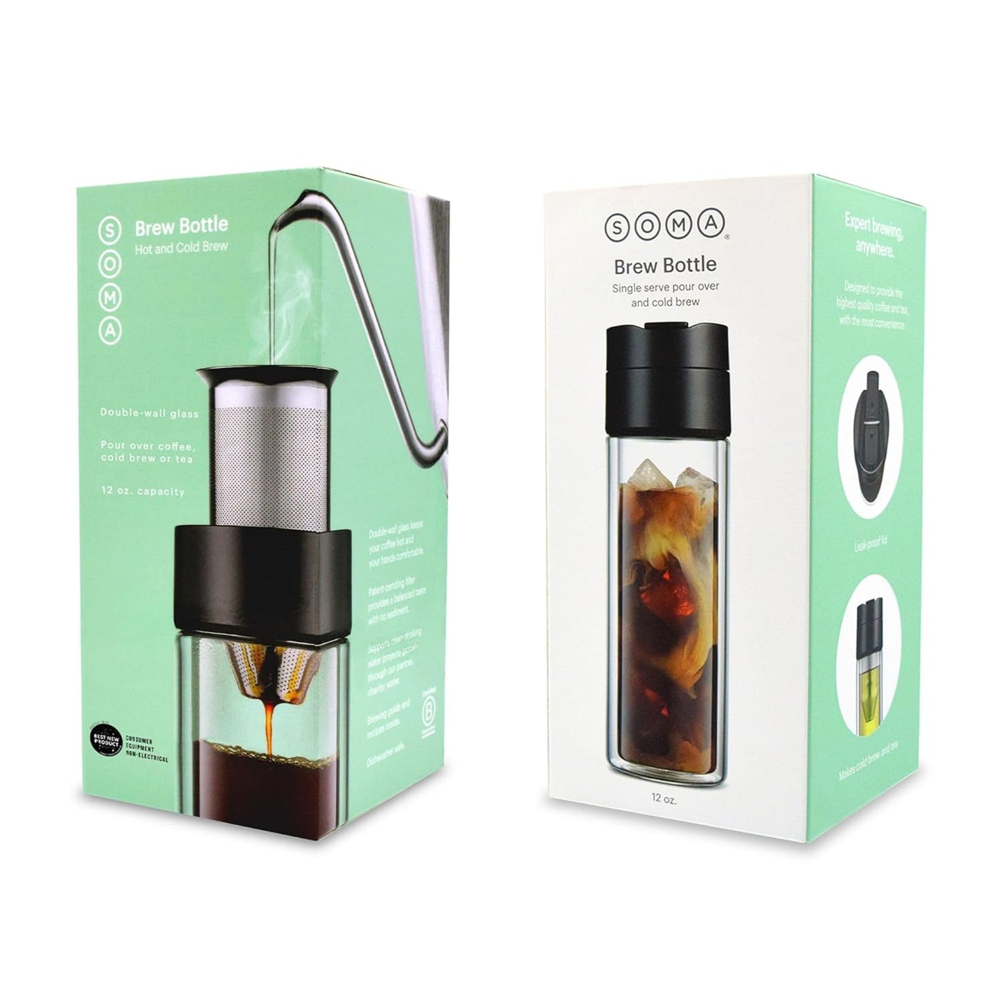SOMA Double Wall Glass Tea and Coffee Cold Brew Bottle, Black, 12oz (SM18501K)