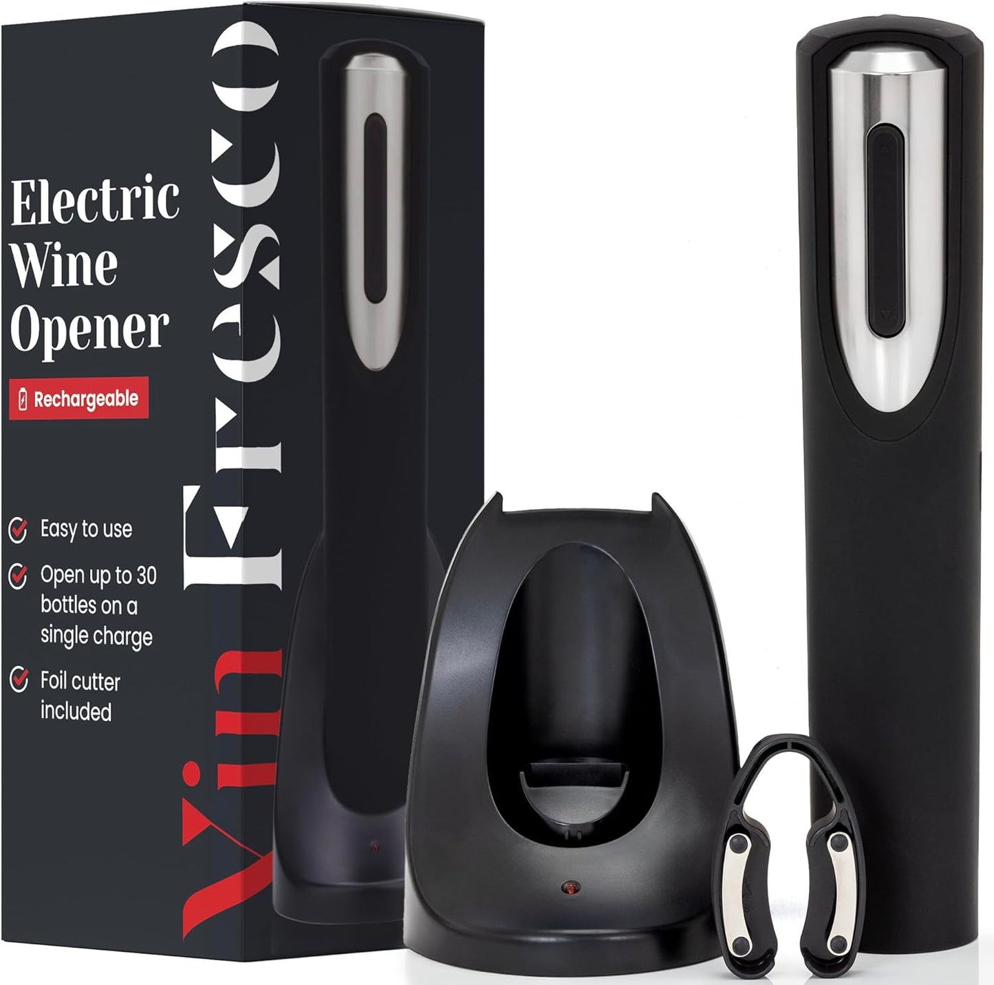 Rechargeable Electric Wine Bottle Opener - Charging Base and Foil Cutter Included with Automatic Wine Opener - Electric Corkscrew for Easy Cork Removal - Best Gift for Wine Lover (Black & Silver)