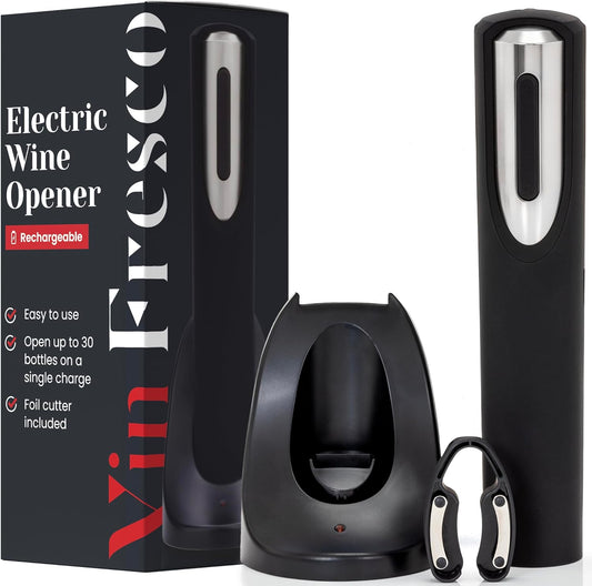 Rechargeable Electric Wine Bottle Opener - Charging Base and Foil Cutter Included with Automatic Wine Opener - Electric Corkscrew for Easy Cork Removal - Best Gift for Wine Lover (Black & Silver)