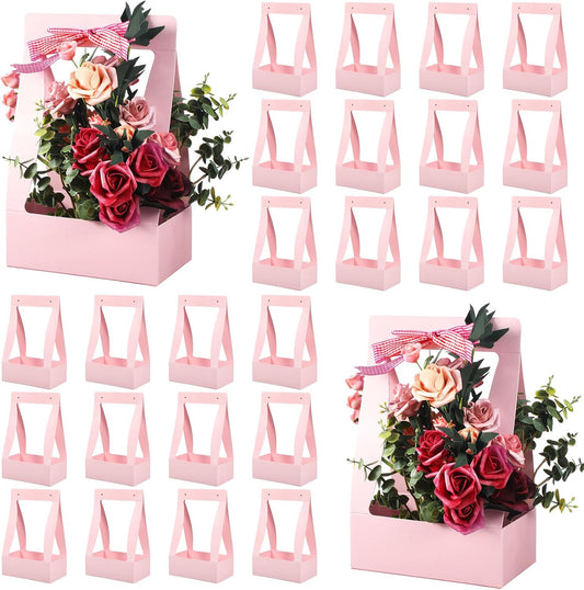 Teling 24 Pcs Mother's Day Flower Boxes for Arrangements Paper Pink Flower Gift Bags for Bouquets Portable Waterproof Floral Box with Handle for Wedding Floral Bar Mom Party Decor Florist Supplies