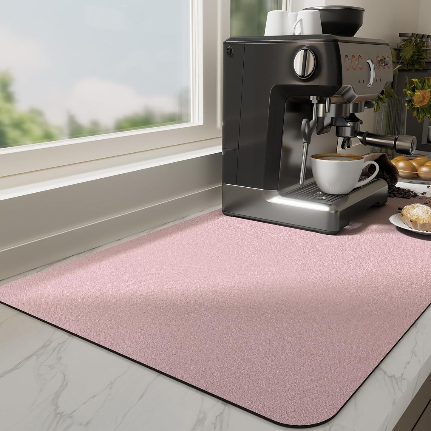 Ecotrim Absorbent Coffee Mat , Stain Hiding PU Leather Surface, Non-Slip Natural Rubber Backing, Quick Dry Mat for Espresso Machine, Kitchen Counter ,Pink | 12" x 19"