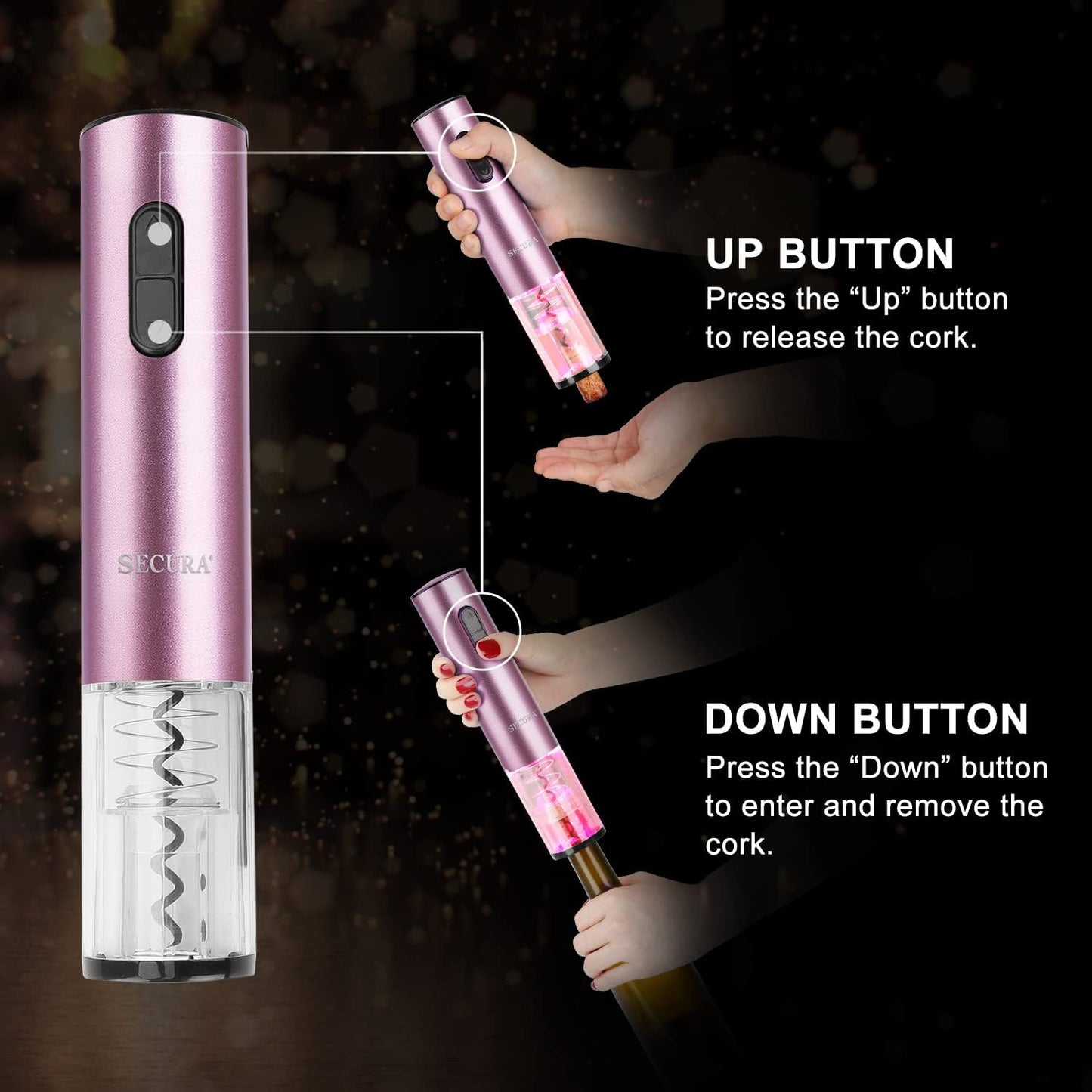 Secura Electric Wine Opener, Automatic Electric Wine Bottle Corkscrew Opener with Foil Cutter, Rechargeable (Rose Gold)