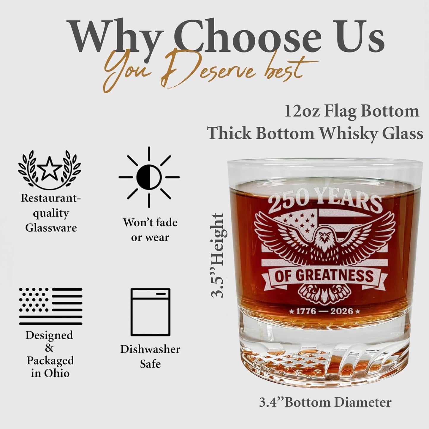 United States 250th Anniversary Whiskey Glass with American Eagle - Laser Engraved Bourbon Glass, Patriotic Gift, Whiskey for Dad, Men, Veteran - America 250 Merchandise, USA Flag Icon