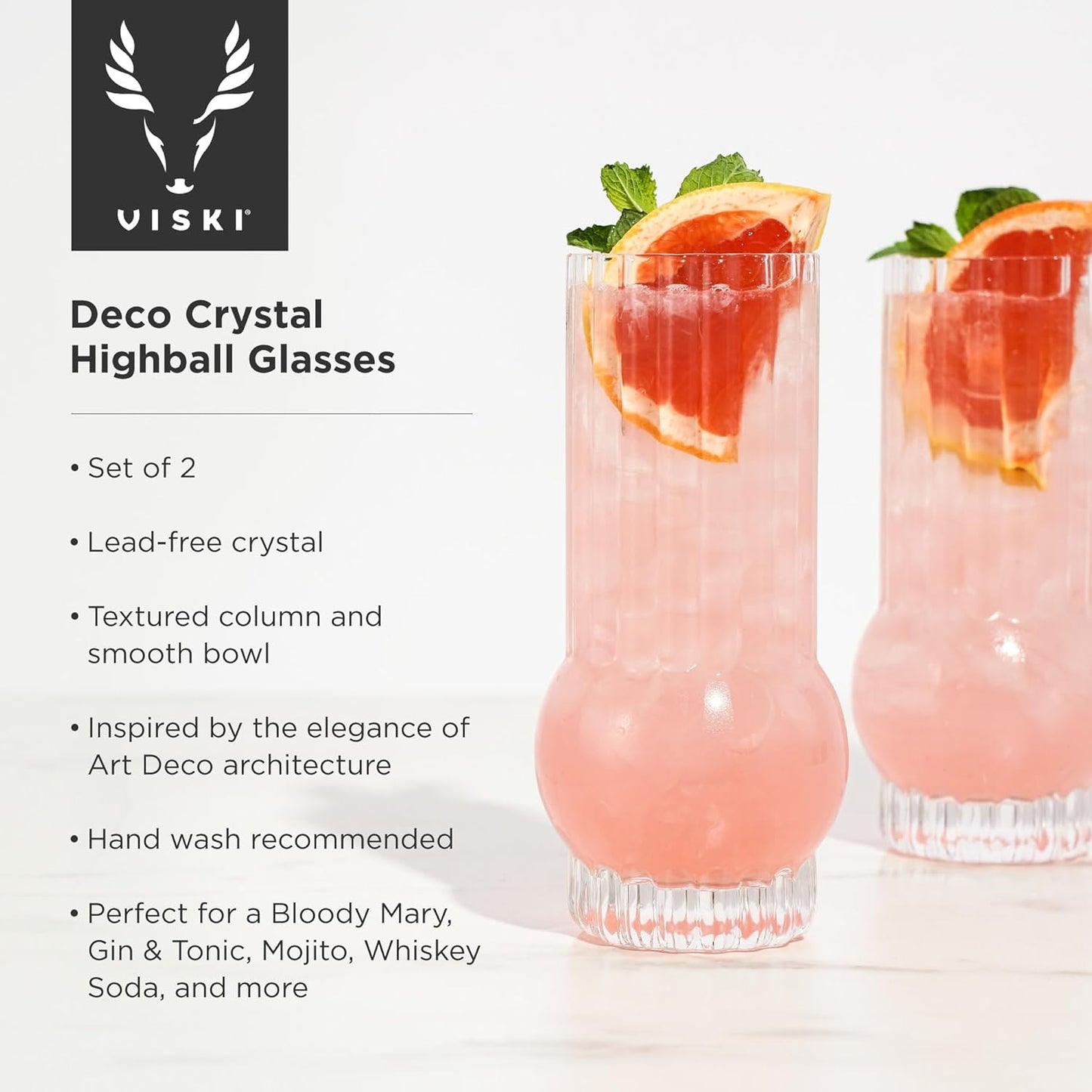 Viski Deco Crystal Island Highball Glasses Set of 2 - Premium Crystal Mojito and Gin and Tonic Glasses, Highball Cocktail Glassware Gift Set, 13 oz