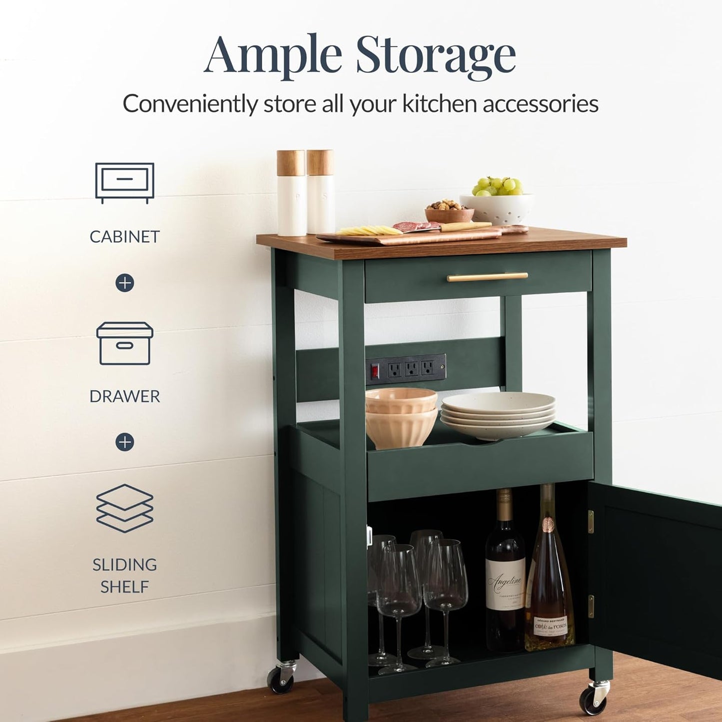Best Choice Products Rolling Kitchen Island Cart, Single Door Cabinet W/Drawer, Sliding Tray, Outlet, Swivel Lockable Wheels, Hooks, Coffee Cart, Microwave Stand, for Dining Room - Forest Green