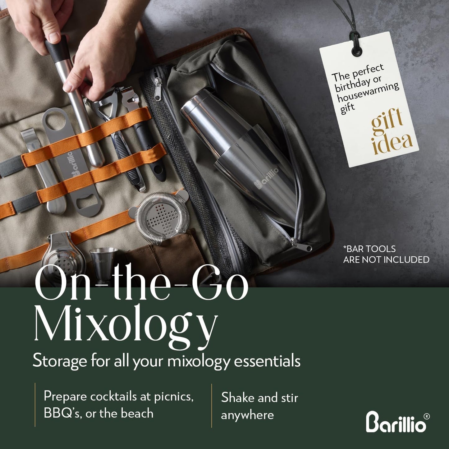 Barillio Bartender Bag (Without Tools) - Stylish, Waxed Canvas, Roll Up Traveling Bar Bag for Carrying Bar Tools and Cocktail Shaker Set with Shoulder Strap - Portable Travel Bartending Roll