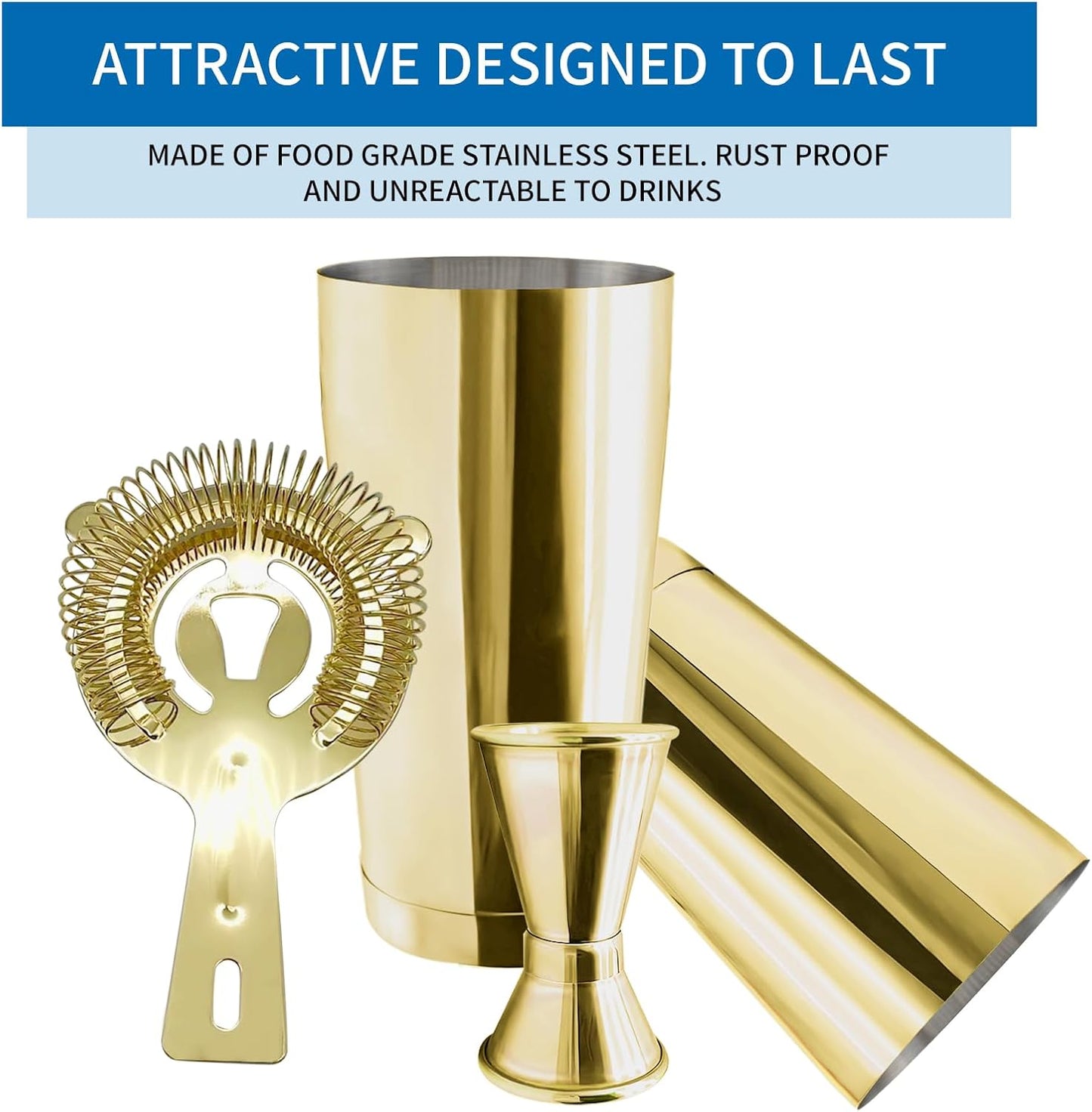 Safring Boston Cocktail Shaker Bar Set, Weighted Boston Shaker Tins, Bartender Kit with 18oz & 28oz Mixed Drink Shaker, Hawthorne Strainer, Double Measuring Jigger - Gold
