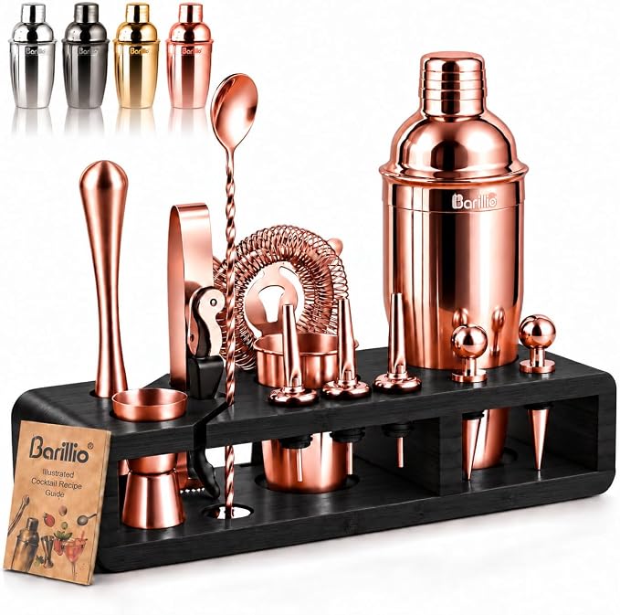 Barillio Bartender Kit - Stainless-Steel Cocktail Shaker Set w/Bamboo Stand - Mixology Bar Tools w/Drink Shaker, Mixer Spoon & Muddler for Cocktails - Home Bar Accessories - 23-Pc Bar Set - Silver - Rose - Black Bamboo