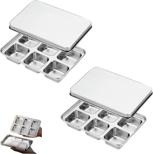 Stainless Steel Ice Cube Trays with Lid, Easy Release Durable Metal Ice Mold for Freezer, Ideal for Whiskey, Cocktails & Drinks (2 Pack)