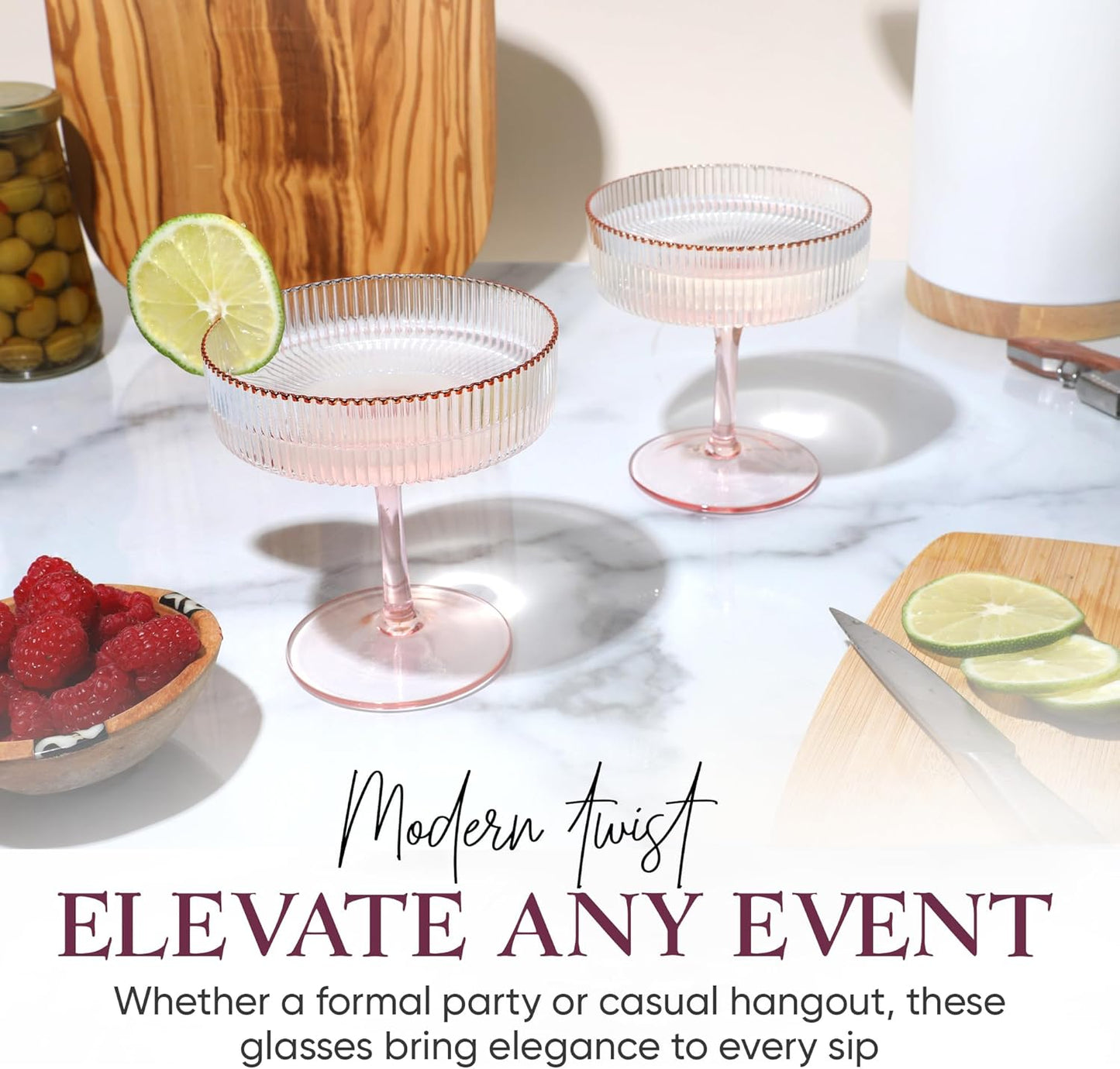 Pink Coupe Glasses Set of 4 Glasses with Rose Gold Rim (8 Oz) Art Deco Coupe Glasses, Ribbed Martini Cocktail Glasses Gift Box, Vintage Champagne Glasses, Espresso Martini Glasses