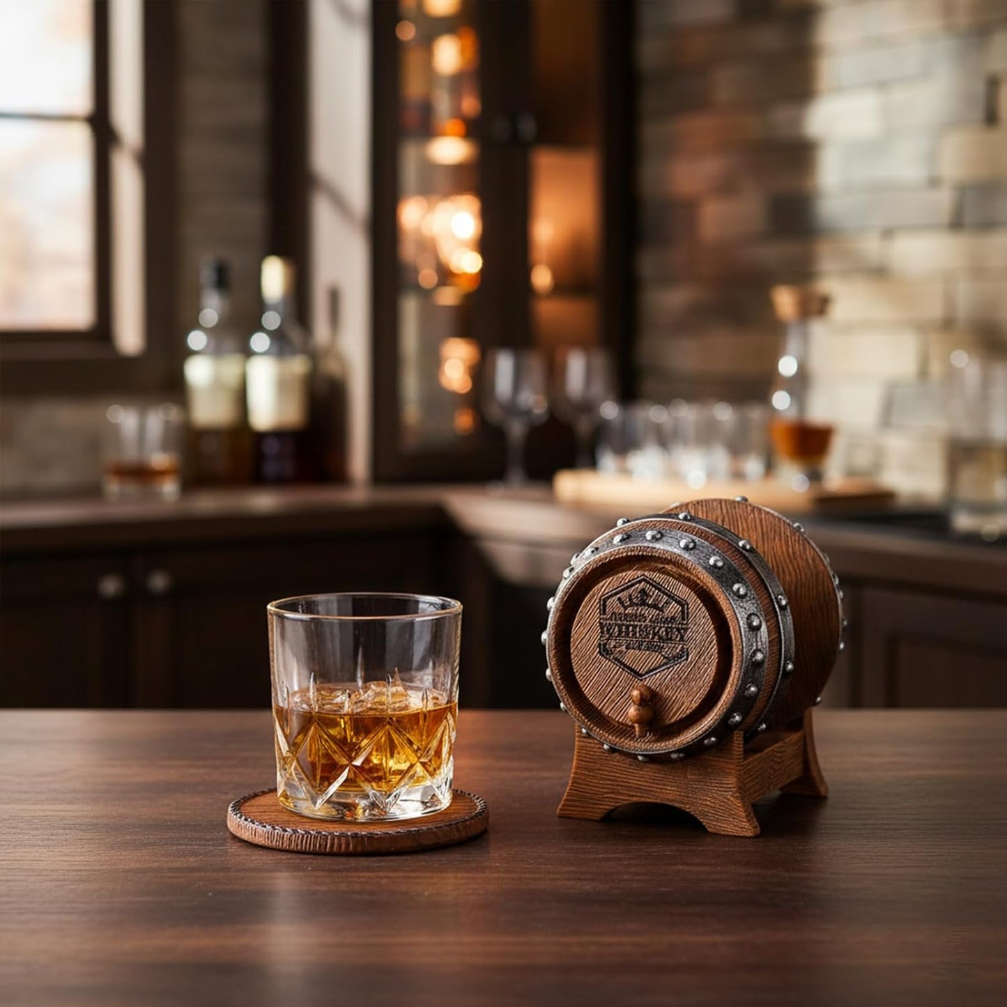 Whiskey Barrel Coasters Set 6 Full Size Non-Slip Cabin Decor Bar Coasters, Indoor Christmas Decorations, Man Cave Gifts for Men and Whiskey Lovers, Rustic Handmade Cup Coaster for The Home