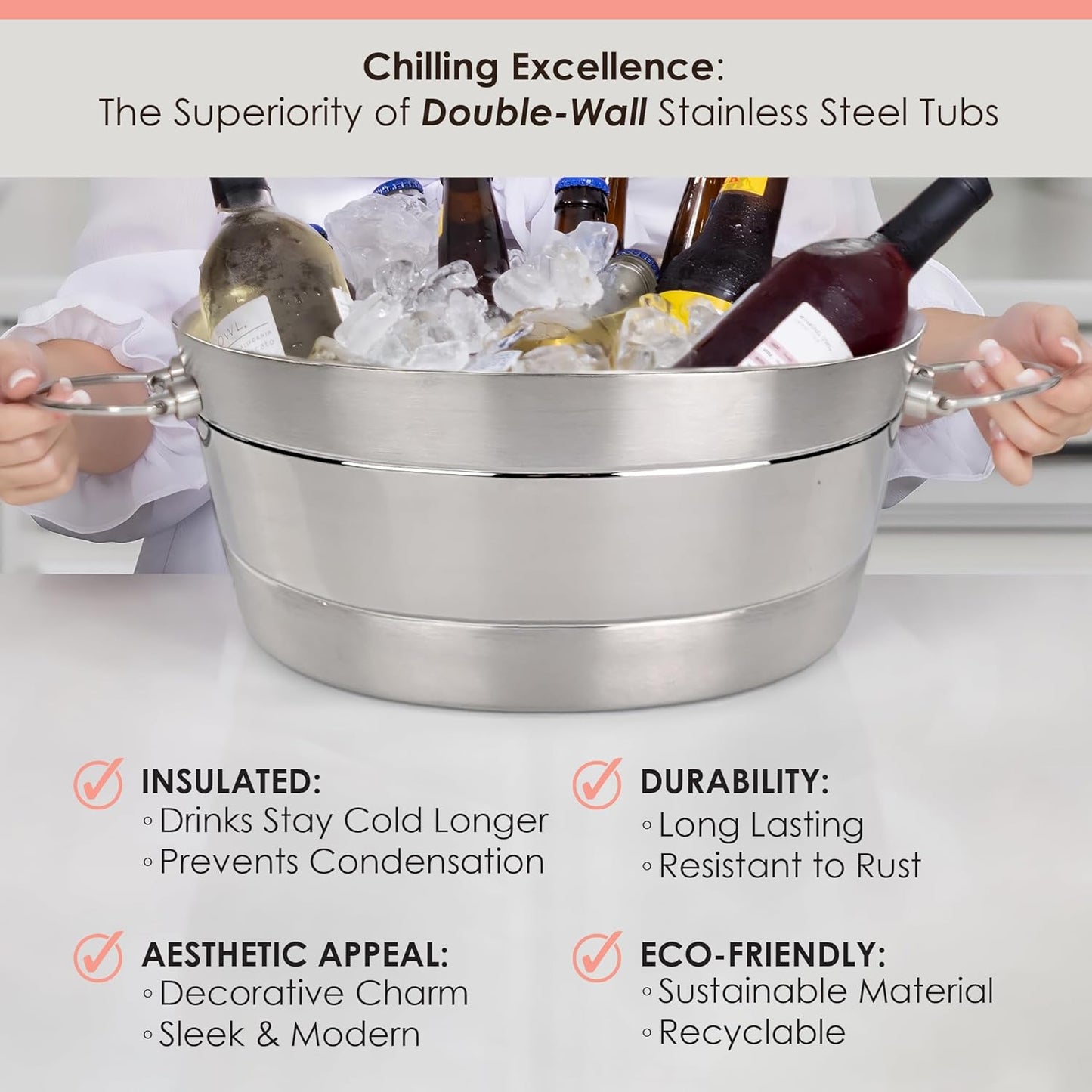 BREKX Insulated Stainless Steel Ice Bucket with Lid for Parties - Anchored Double-Walled Large Ice Bucket for Extended Chill - Champagne Bucket for Mimosa Bar Supplies