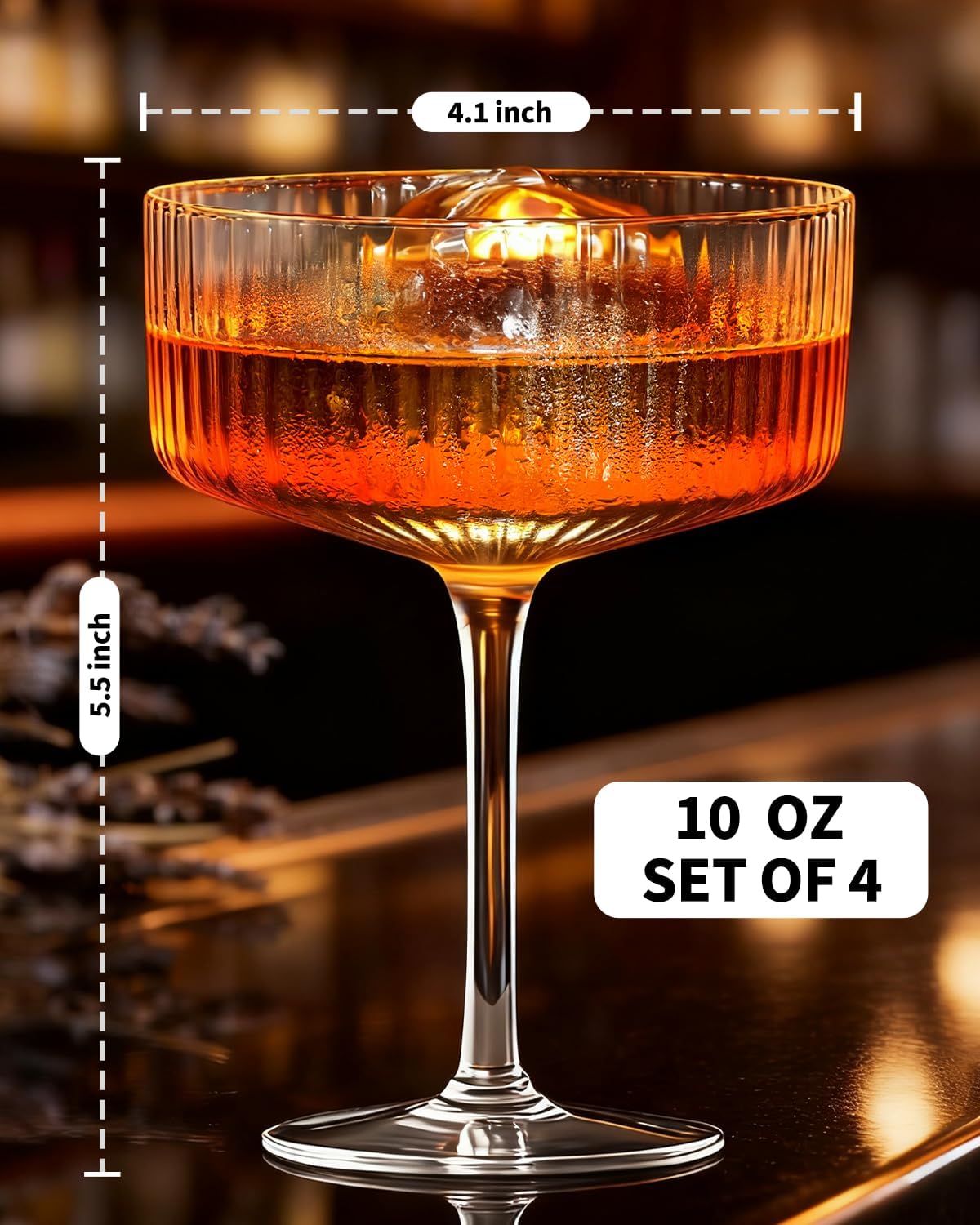 4 Pcs Coupe Glasses, Hand Blown 10 oz Cocktail Glasses, Ribbed Glasses, Gift Boxed Drinking Glass Set, Pefect Gift for Christmas, Espresso Martini, Manhattan, Wine, Champagne Martini Glasses Set of 4