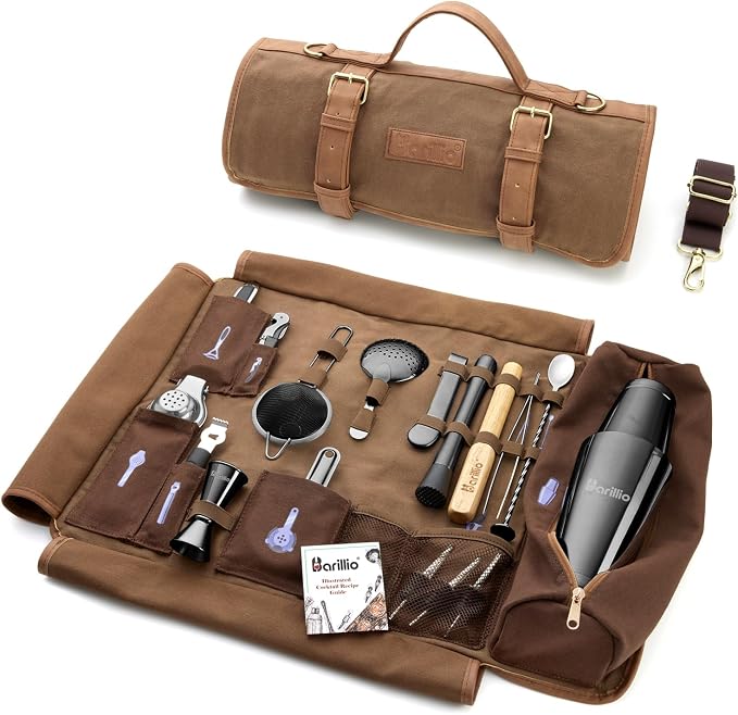 Barillio Bartender Kit Bag with Cocktail Shaker Set - Waxed Canvas, Traveling Bar Tools Bag with 17-Pc Cocktail Kit - Travel Mixology Bartending Kits - Mobile Bar Roll with Strap & Accessories - B0C5QY267F