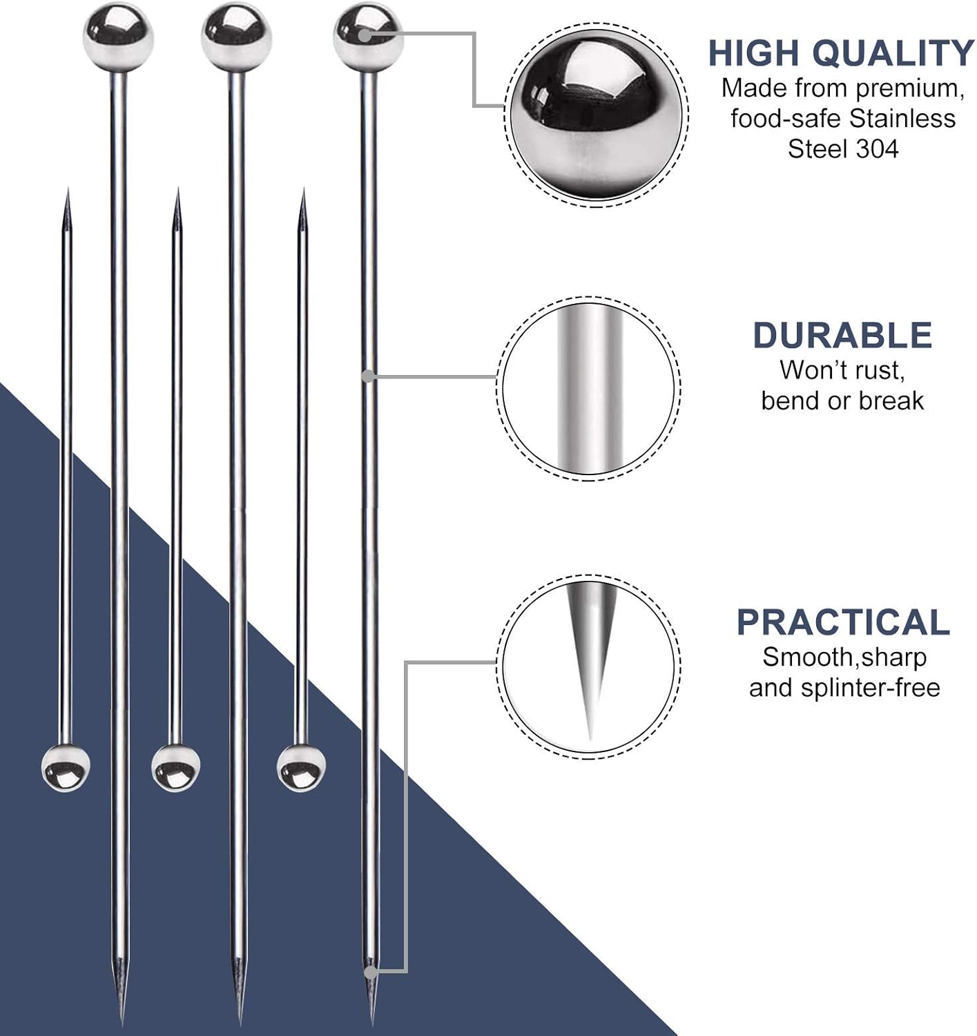SOGEWO 6" Stainless Steel Cocktail Picks, Reusable Metal Toothpick, Martini Toothpicks for Olives, Fruit Stick Toothpicks, Appetizers Sandwich Fruit Picks (6Inch, Set of 15)