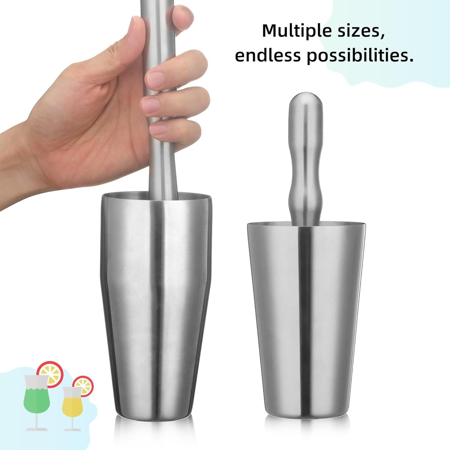 8'' & 12" Stainless Steel Cocktail Muddler & Long Handle Mixing Spoon Set - Professional Bar Tools for Mojitos, Fruit Drinks & Craft Cocktails | Heavy-Duty Stirring & Muddler Kit