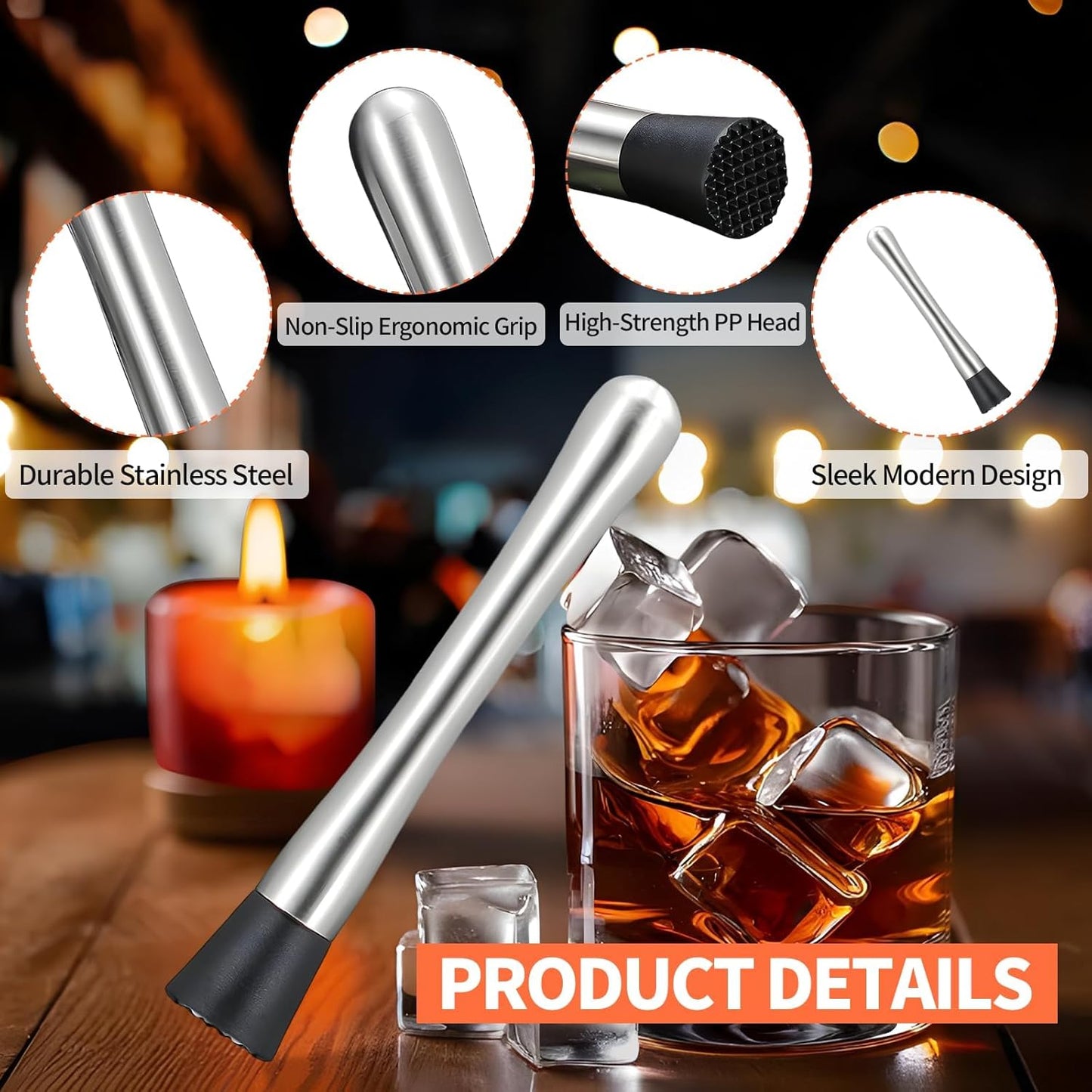 2 PCS Muddler for Cocktails,8" Stainless Steel Cocktail Muddler for Lemonade, Lemon Smasher Bartender Accessories, Crushes Ice,Fruits & Herbs, Bartender Tool for Home,Bar Use,Lemonade stand supplies