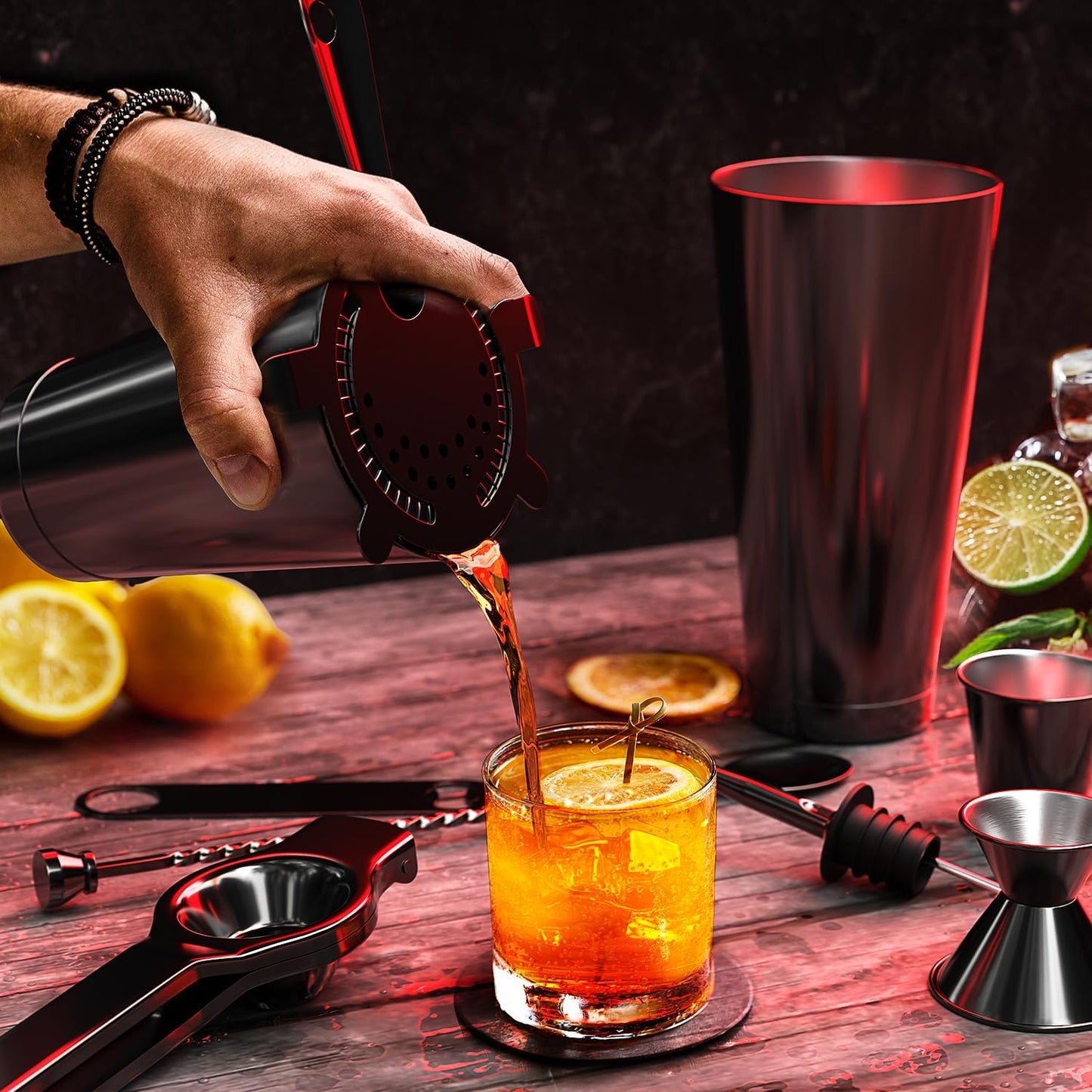 Bar Set Cocktail Shaker Set Bartender Kit, 17 Piece Black Cocktail Set, Mixology Bartender Kit with Wood Stand, Steel Cocktail Kit, Bar Accessories: 30oz Martini Shaker, Muddler, Cocktail Book & More