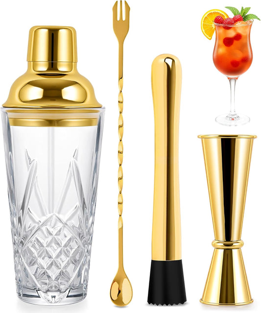Glass Cocktail Shaker Set with Gold Lid,Cocktail Shaker Glass Kit with Built-in Strainer, Jigger, Bar Spoon & Muddler, Leakproof Glass Shaker for Home Bar, Cocktails, Martini, Gift(4-Piece)