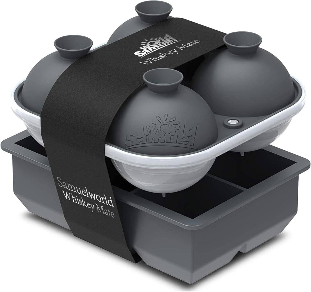 Samuelworld Large Silicone Premium Ice Trays, 2-Pack Combo, 2 Inches Big Cubes & 2.5 Inches Sphere Ice Molds - BPA Free, Craft Ice Maker for Gifting, Whiskey, Cocktails, Easy Release - Gray - Gray