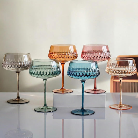 JOVGANK Colored Martini Glasses Set of 6, Hand Blown Colorful Cocktail Glass 14Oz, Large Vintage Champagne Coupe Glasses,Crystal Retro Style Bar and New Year Drinking Glasses, Mother's Day Gift