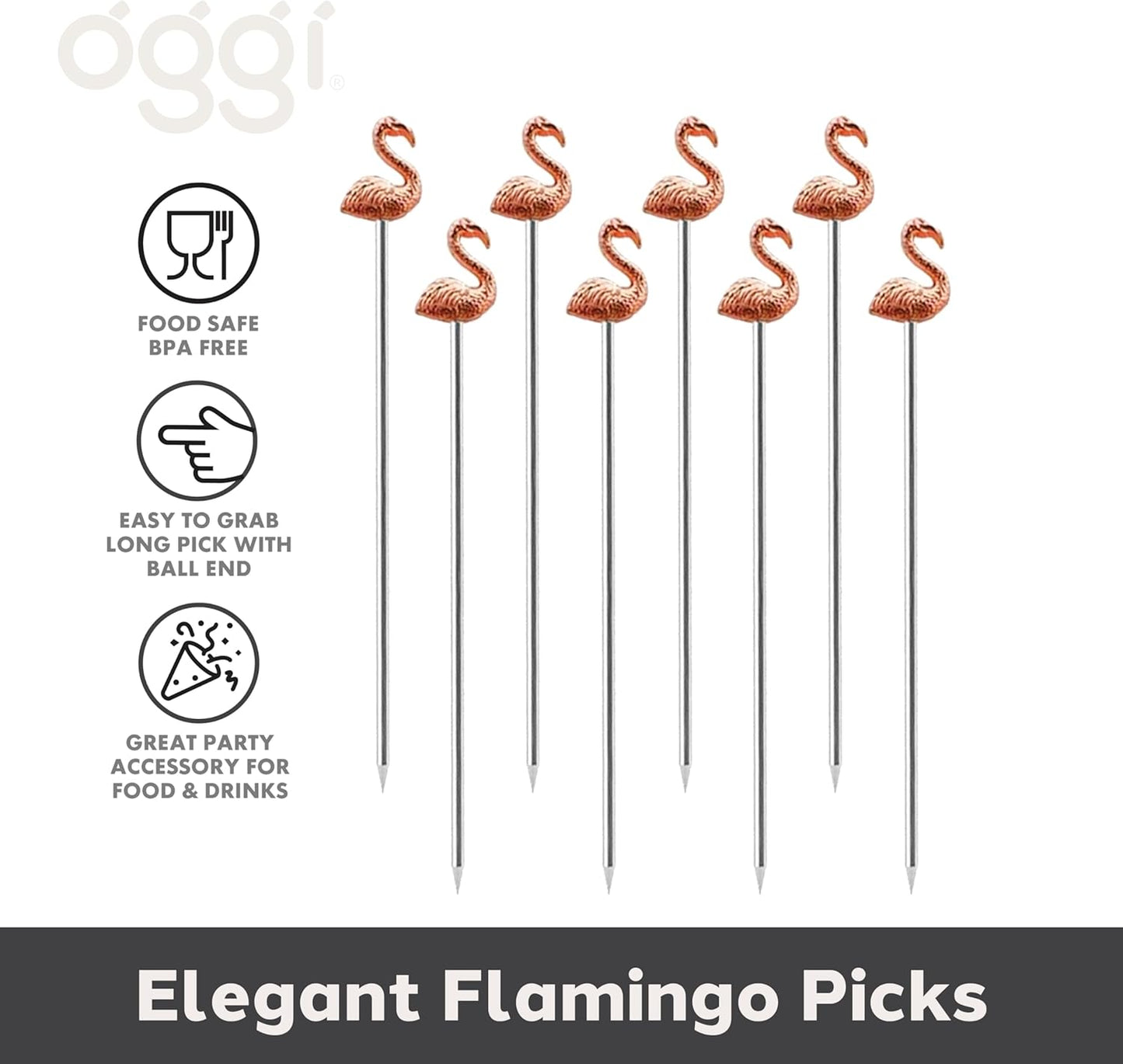 OGGI Flamingo Metal Cocktail Picks Stick 8 pcs - Martini Picks, Reusable Rose Gold Metal Cocktail Skewers, Martini Sticks for Olives, Appetizers, Tiki, Luau, 4.5" / 11.5cm