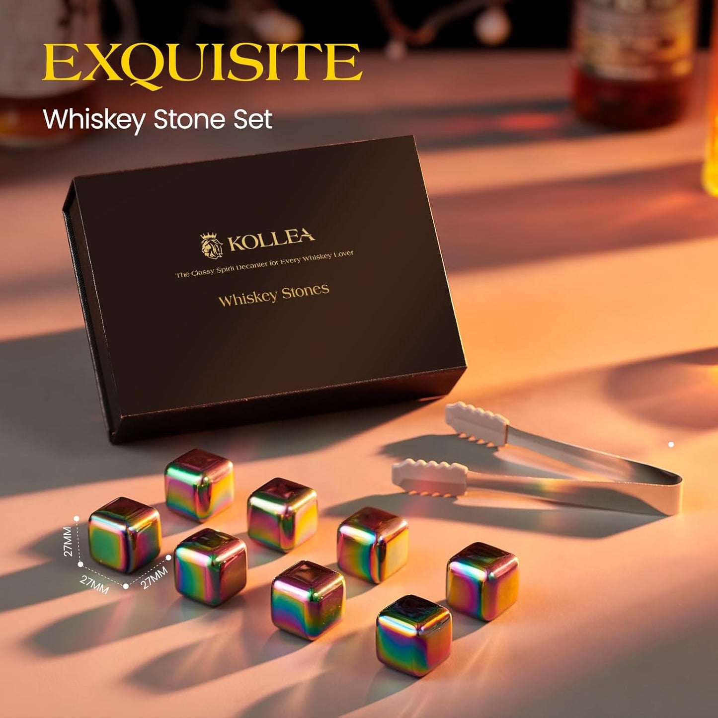 Kollea Whiskey Stones, 8 PCS Multicolor Stainless Steel Whiskey Chilling Rocks, Reusable Ice Cubes for Bottle Drinking, for Men Dad, Boyfriend, Bourbon, Cocktail Bar, Fathers, Anniversary, Christmas