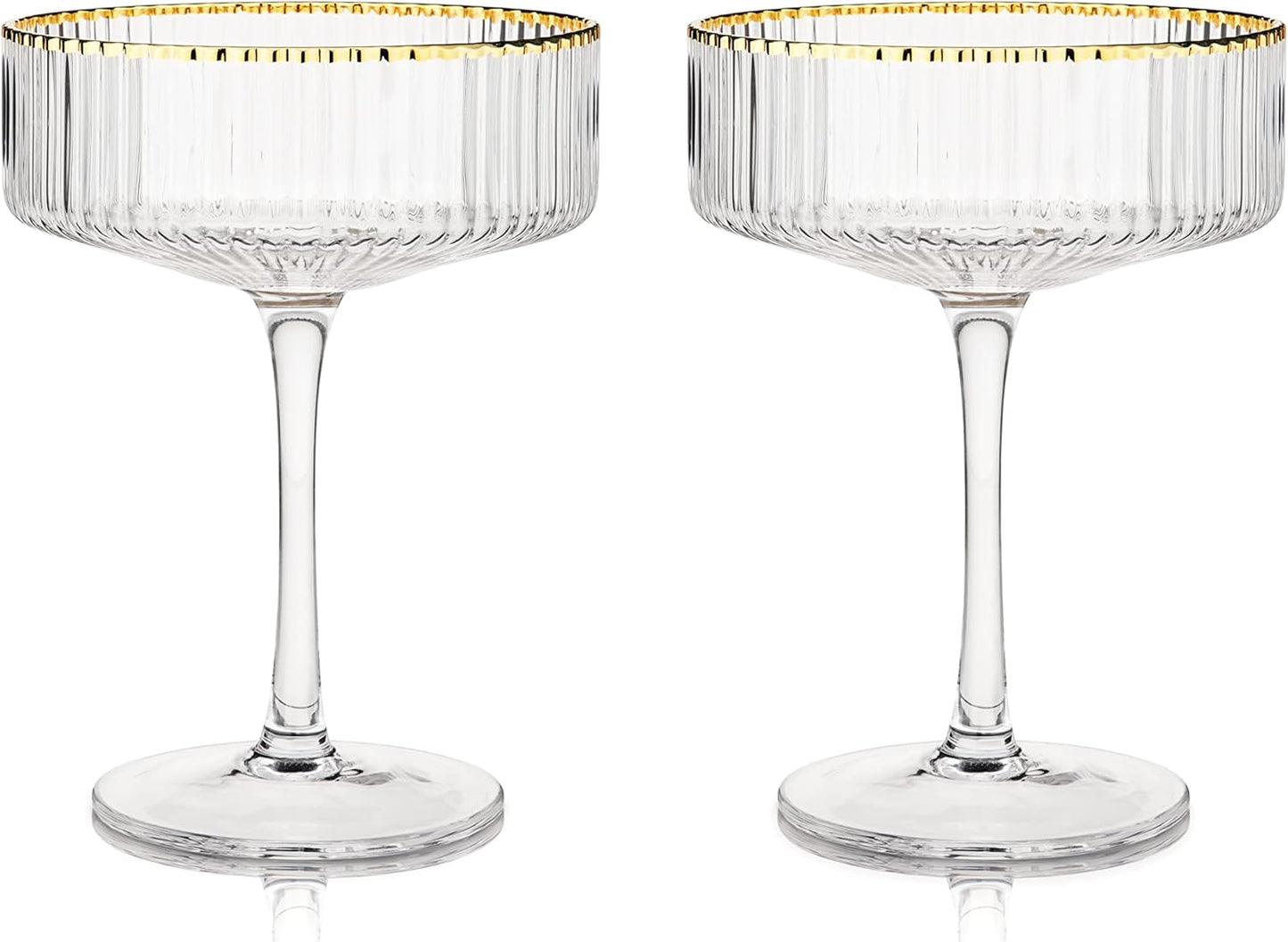 Viski Meridian Vintage Coupe Glasses, Art Deco Champagne Coupe Glassware, Gold Rimmed Stemmed Drinkware Set of 2, 11.5 oz