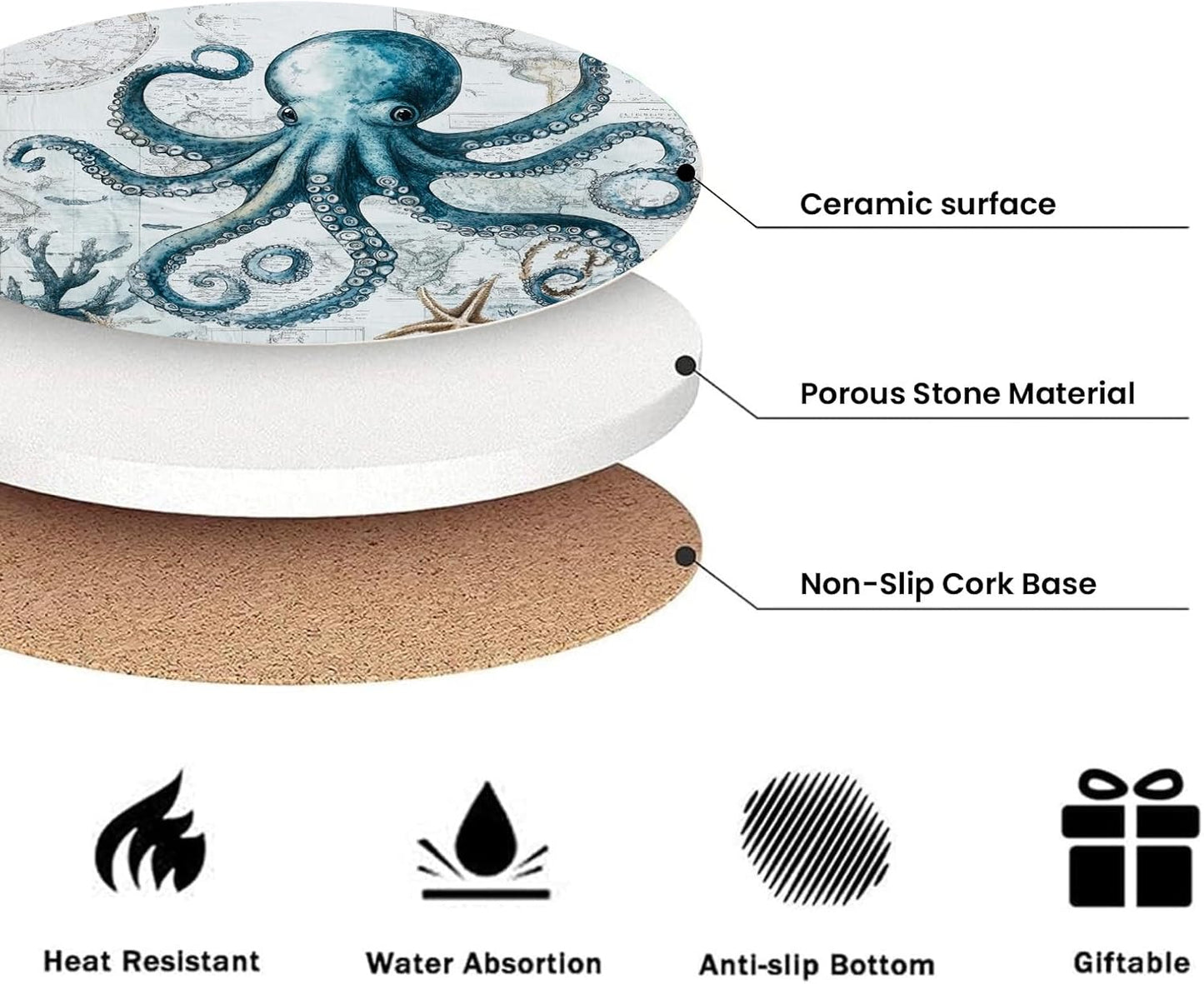 Unique Octopus World Map Nautical Coasters for Drinks Set of 6, Round Absorbent Ceramic Stone Coaster with Metal Holder and Cork Base for Coffee Table Parties Desk Kitchen Home Decor Gifts