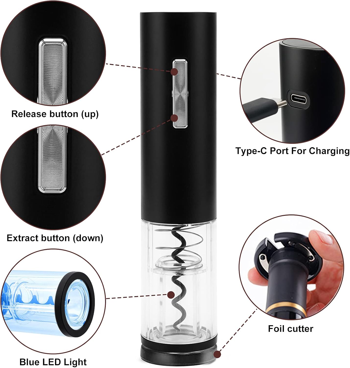 COKUNST Electric Wine Opener, Rechargeable Automatic Wine Corkscrew Bottle Opener With Foil Cutter, Type-C Charging Wine Openers With LED Light For Home Party Restaurant Wedding Gifts