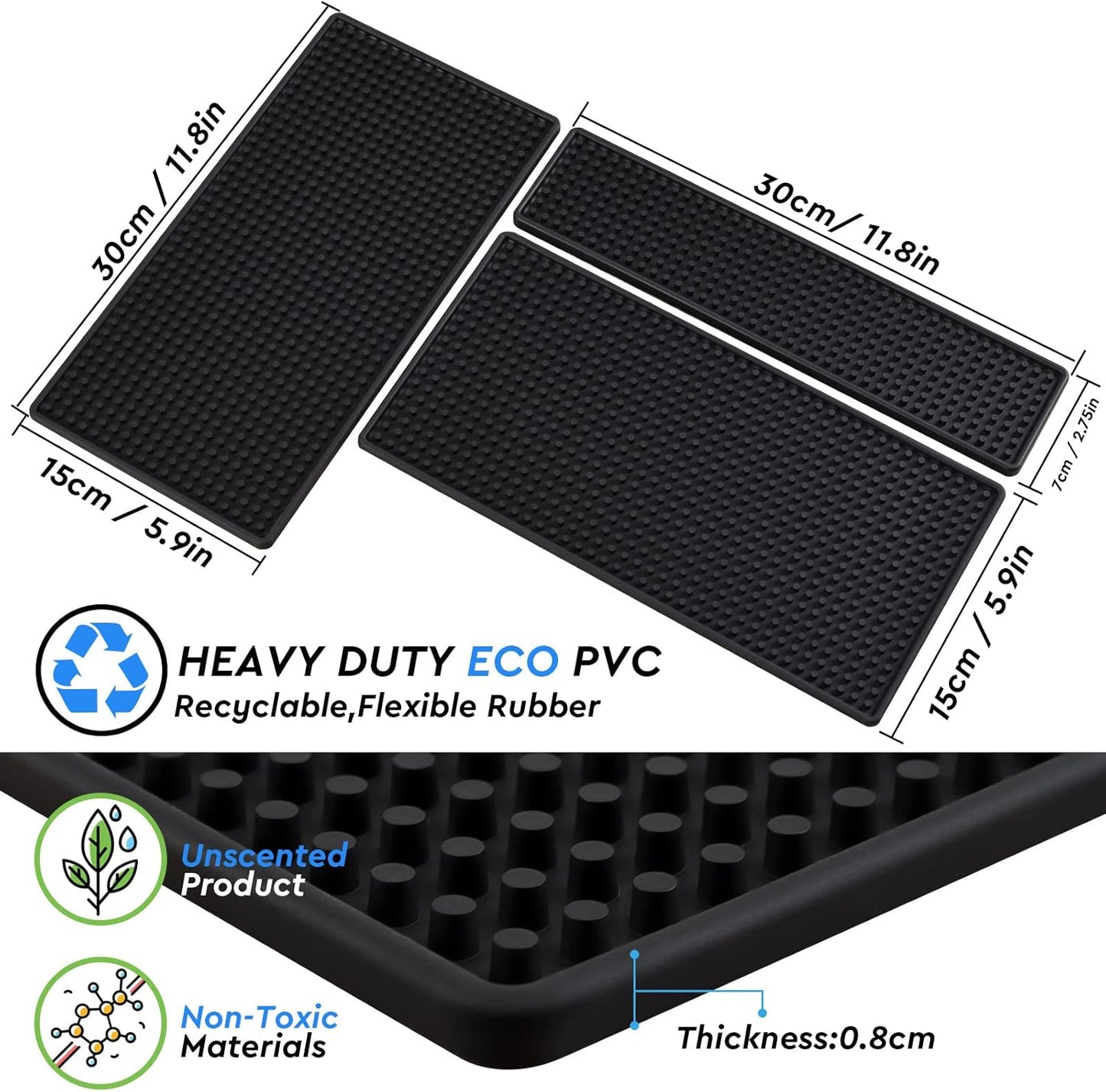 Bar Mat Set for Countertop, 3 Pack Rubber Bar Mats for Coffee Bar, Kitchen, Bartending, Espresso & Dish Drying, Non-Slip Rubber Mat with Deep Prongs Helps Contain Spills, Durable Black Bar Accessories