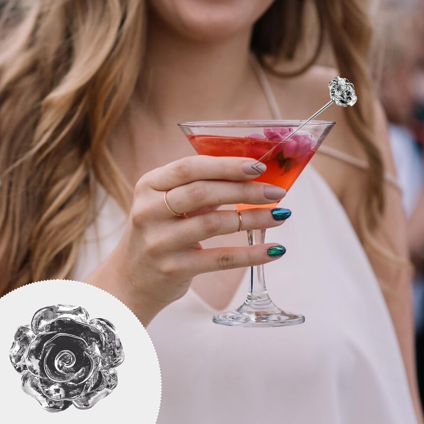 Rose Cocktail Picks for Drinks 4 Inch Stainless Steel Reusable Martini Picks Cocktail Garnish Skewers for Olive, Twist, Berry, Beach Style Decor 6-Piece