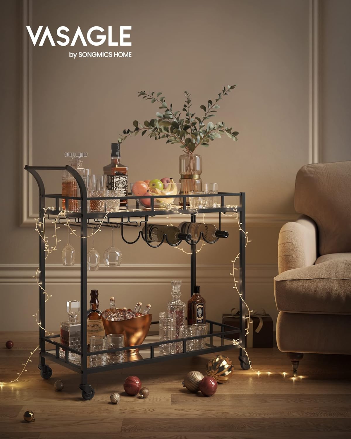 VASAGLE Bar Cart Black, Home Bar Serving Cart, Wine Cart with 2 Mirrored Shelves, Wine Holders, Glass Holders, for Kitchen, Dining Room, Black ULRC090B62