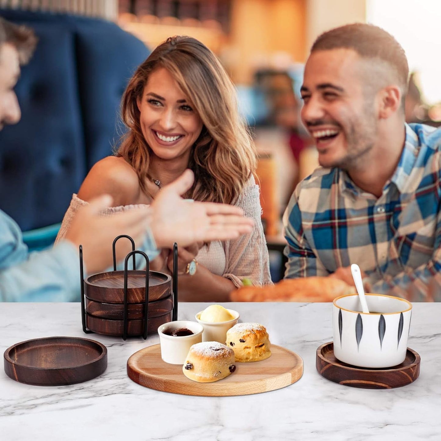 6Pcs Wooden Coasters for Drink-Acacia Wood Drink Coasters Set with Holder for Coffee Table Decor,Modern Cup Coaster for Kitchen Accessories Cute Beer Bar Decorative Rustic Outdoor Coasters