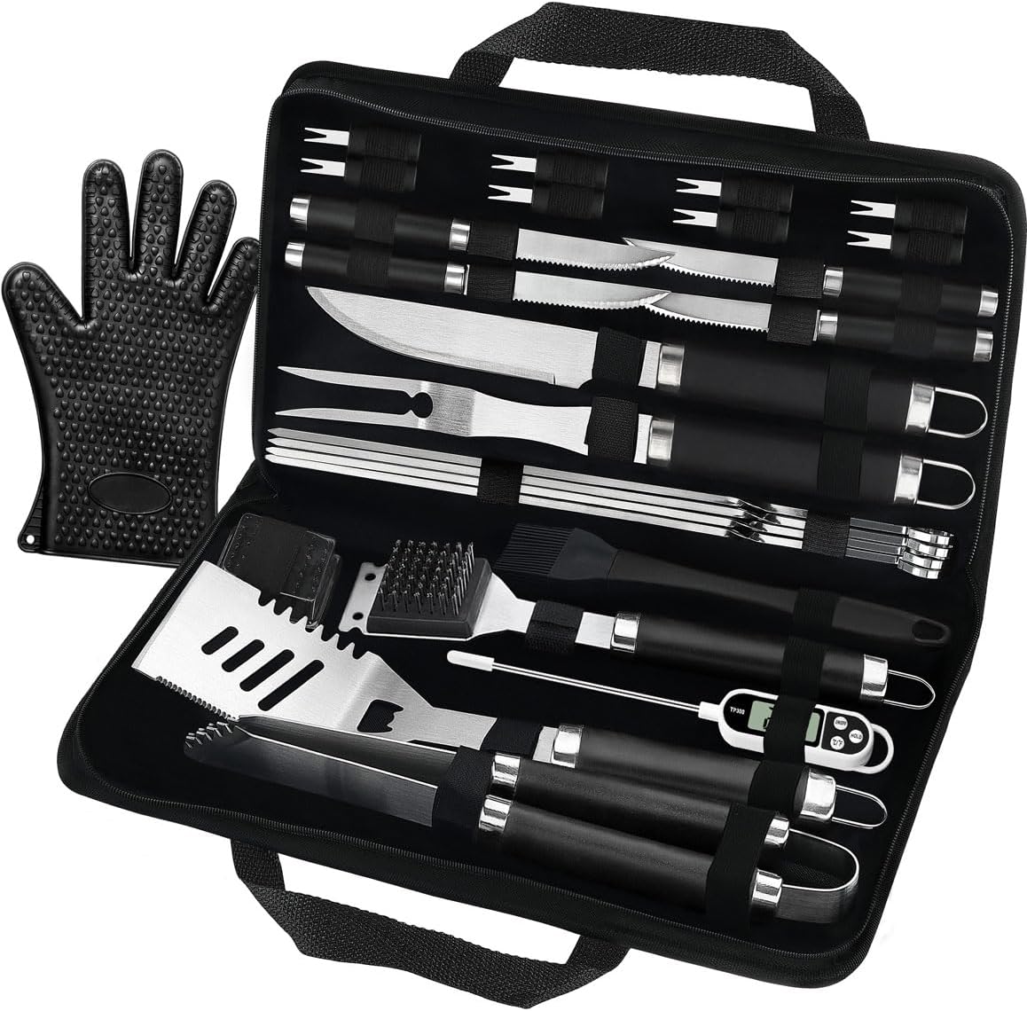 POLIGO 26 PCS BBQ Grill Accessories Stainless Steel BBQ Tools Grilling Tools Set with Storage Bag for Fathers Day Dads Birthday Presents - Camping Grill Utensils Set Ideal Grilling Gifts for Men Black