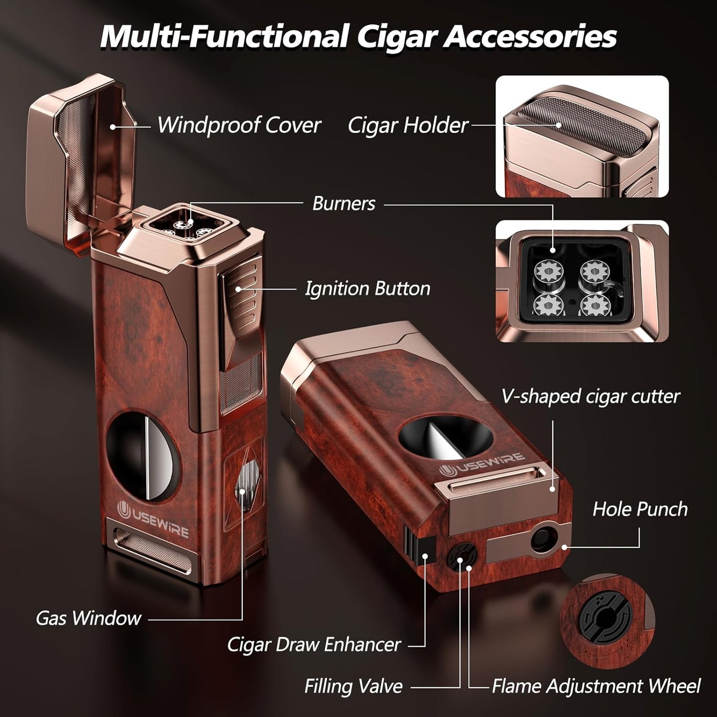 Cigar Lighter, Multifunctional Lighter with V-Cigar Cutter, Cigar Holder, Cigar Punch and Cigar Draw Enhancer, Fillable Butane Torch Lighter, Multi-Purpose Cigar Accessory, Cigar Gifts
