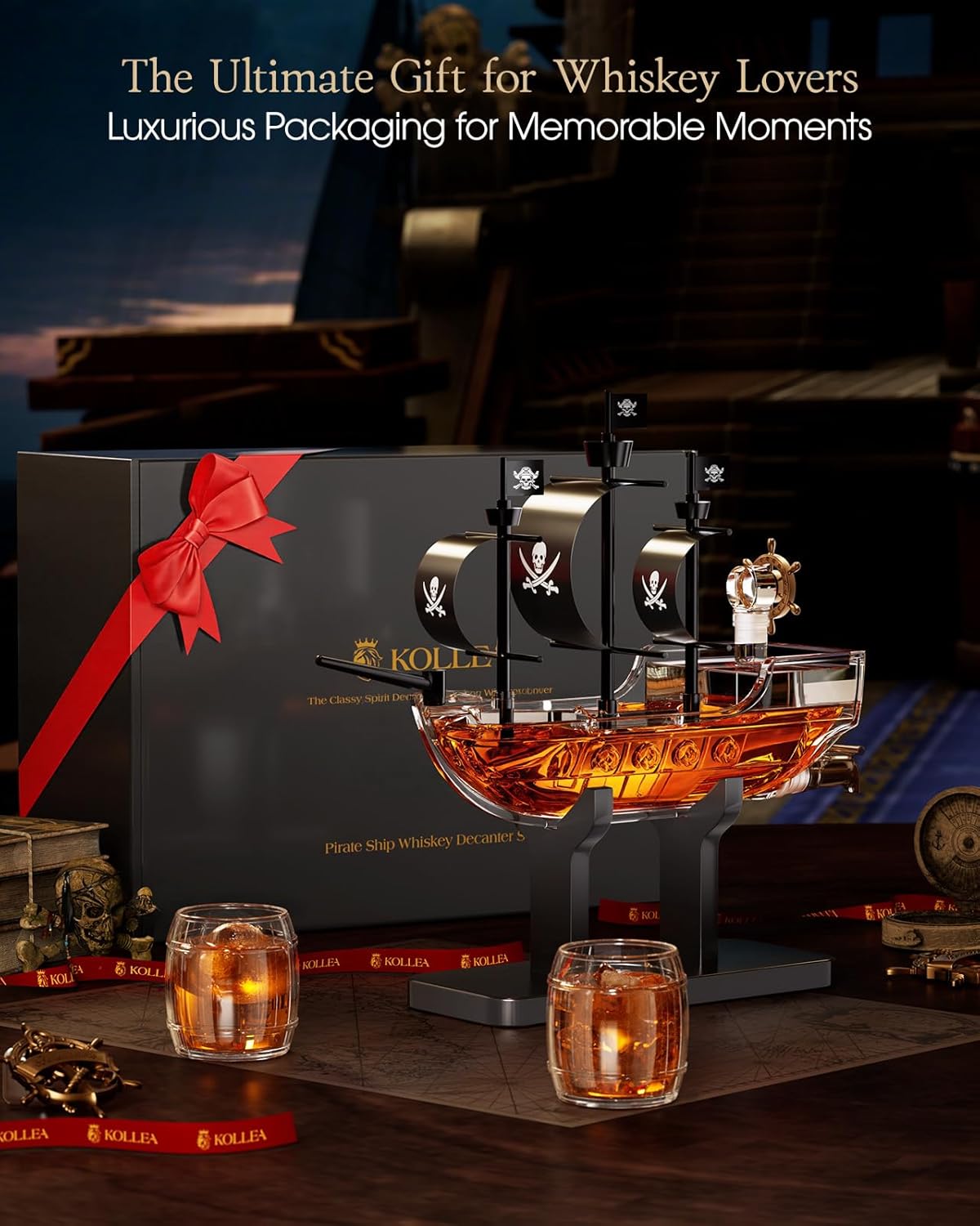 Kollea Birthday Gifts for Men Dad, Pirate Ship Whiskey Decanter Set with 2 Glasses, Liquor Dispenser for Home Bar, Funny Gift Ideas for Him, Husband, Father, Boyfriend, Christmas, Sailor & Captain