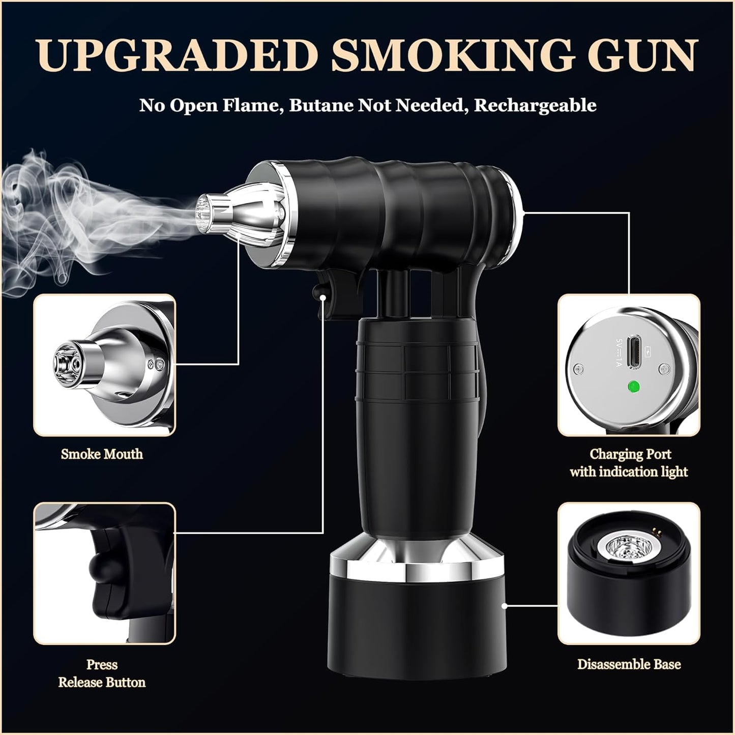 Electric Cocktail Smoker Kit - Rechargeable Whiskey Smoker Kit with Smoking Gun,Smoked Old Fashion Cocktail Bourbon Infusing Kit,8 Wood Chips,Birthday Unique Gifts for Men Husband,Bar Tool Set, Black