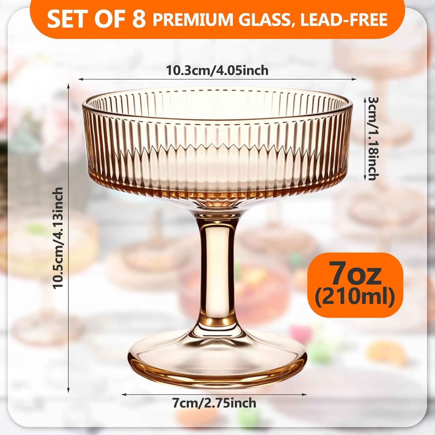 Teenyyou 8 Pcs Ribbed Vintage Coupe Glasses 7 oz Martini Glasses Champagne Coupe Classic Cocktail Glassware Reusable Ribbed Glassware for Cocktail Martini European Style (Champagne Pink)