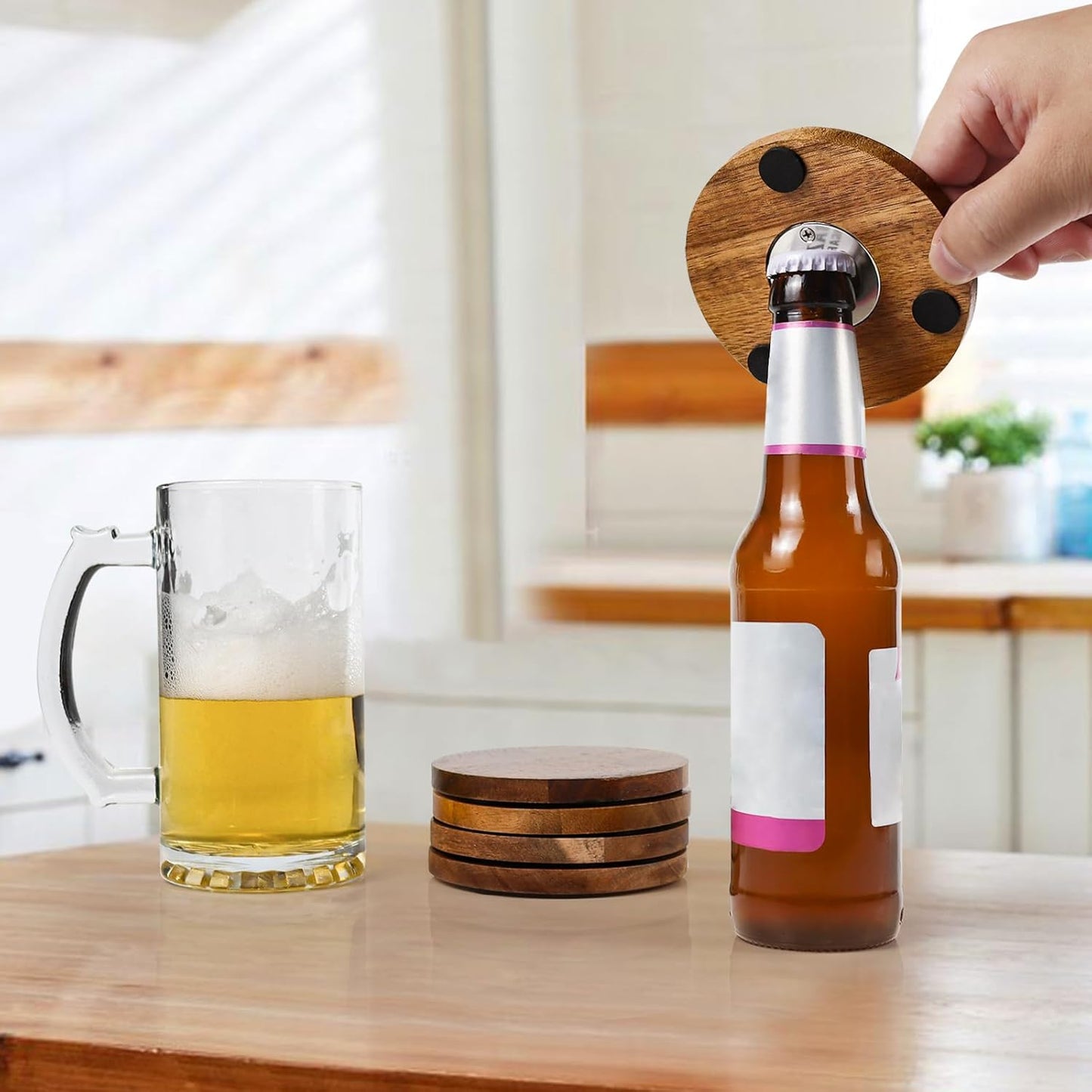 2-in-1 Wood Coasters with Bottle Opener, Set of 4 with Holder– Funny Acacia Wood Drink Coasters with Stainless Steel Openers & Non-Slip Feet – Durable and Functional for Beer or Soda Drinking