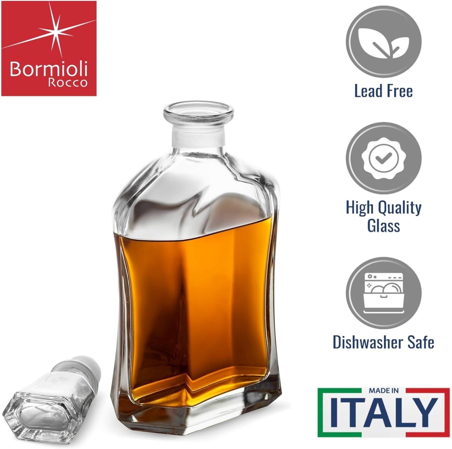 Bormioli Rocco Capitol Glass Decanter, Airtight Geometric Stopper, 23.75 oz Whiskey Decanter for Wine, Bourbon, Brandy, Liquor, Juice, Made in Italy.
