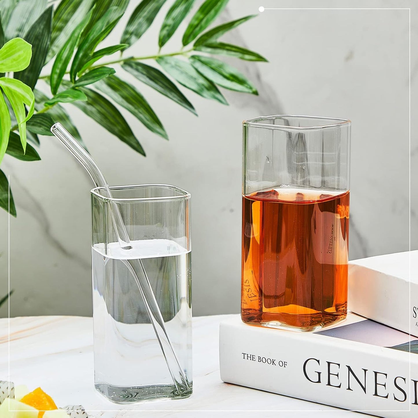 Sumind Set of 6 Square Drinking Glasses, Square Glass Cup 13 oz, Modern Highball Glassware Set, Thin Cocktail Glasses with Straws and Straw Brushes for Cocktail Coffee Water Juice Beer Drink Tumbler