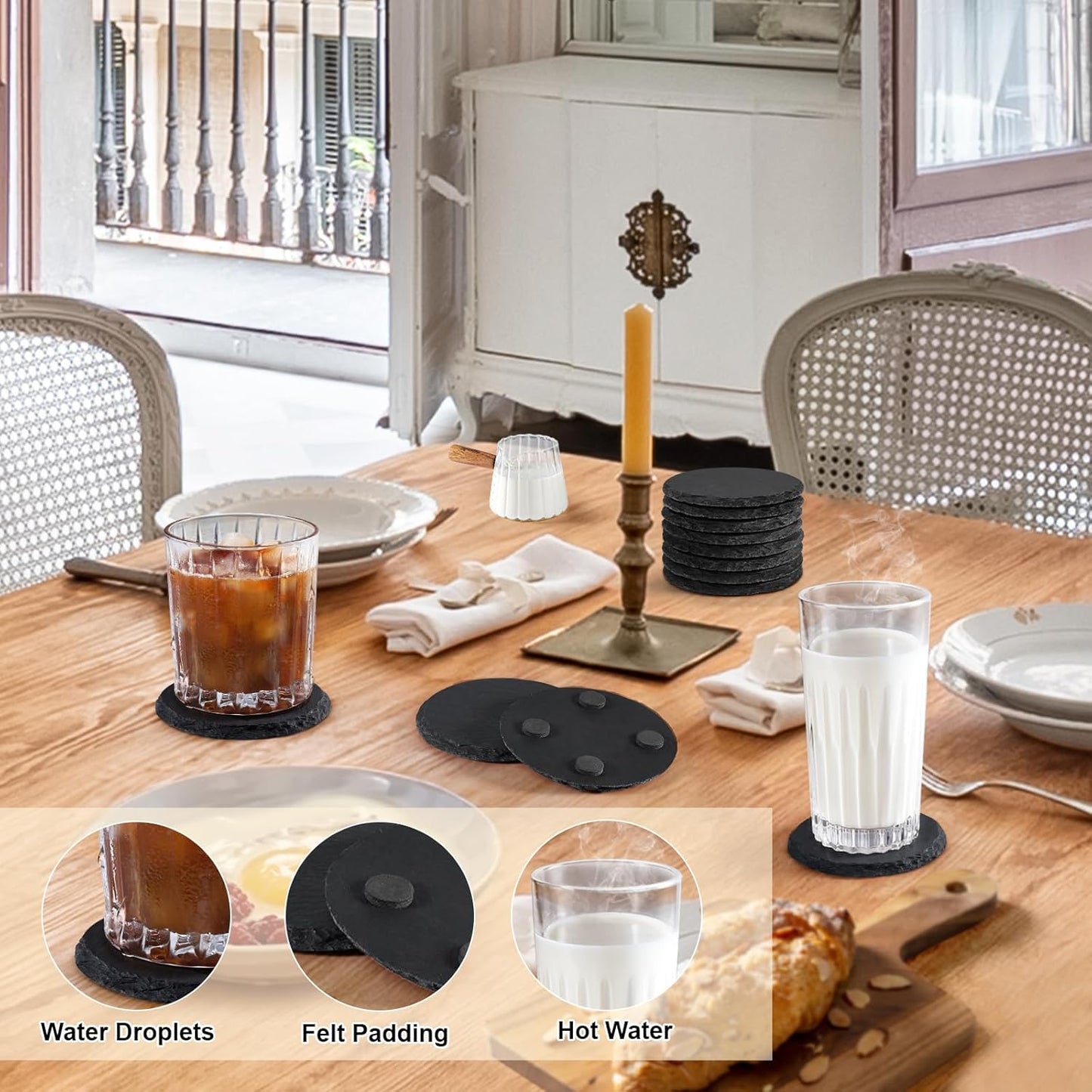 4 Inch Black Slate Stone Drink Coasters Set of 12 with Anti-Scratch Backing for Bar, Kitchen Home Living Decor, Laser Engraving,Cup, Etching, Gifts, Round