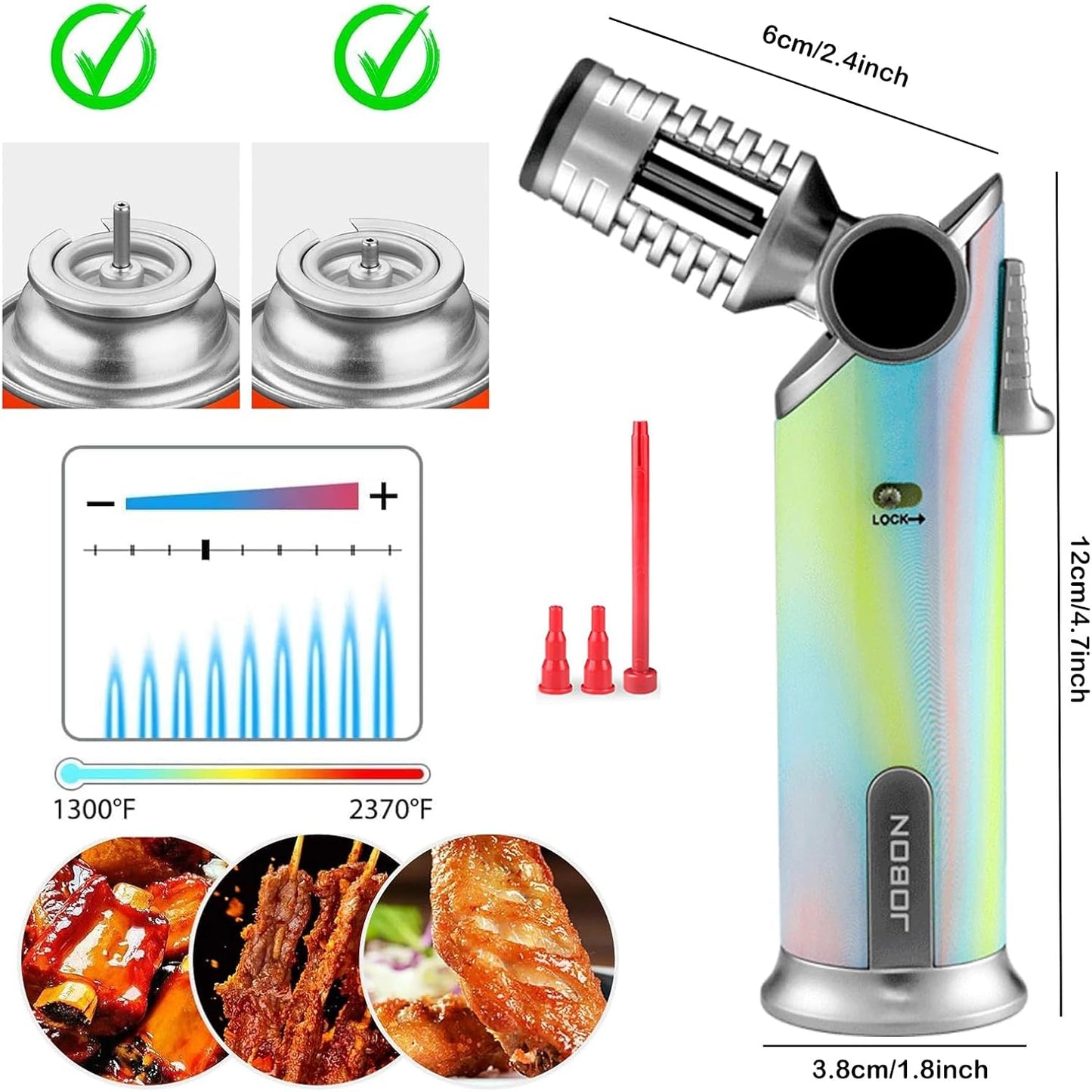 DOUBFIVSY Butane Torch Lighter, 60° Rotatable Refillable Kitchen Cooking Torch Windproof Adjustable Flame Lighter with Fire Lock for Baking Creme Brulee BBQ, Butane is Not Included (Colorful)