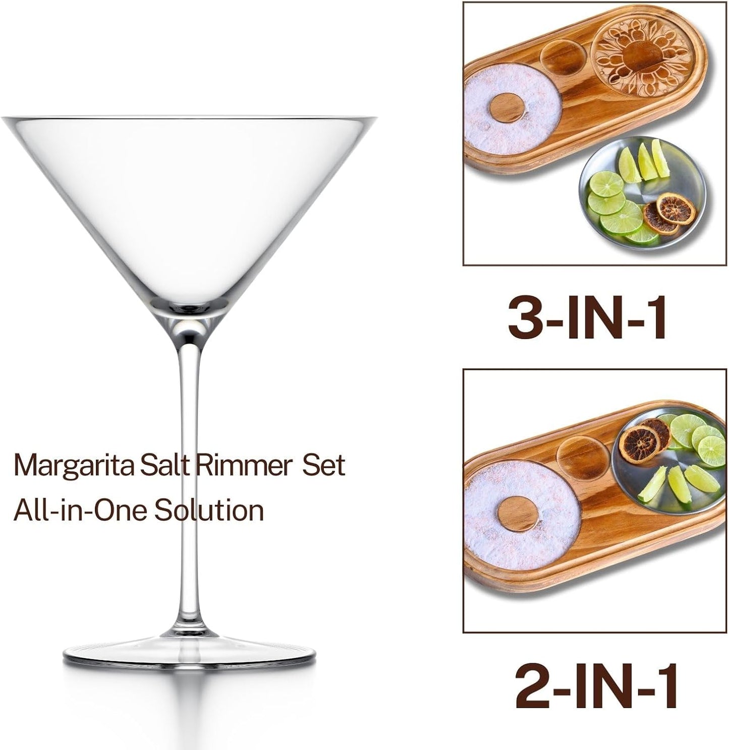 Margarita Salt Rimmer Set - Wood and Stainless Steel 3-in-1 Cocktail Glass Rimmer for Salt, Sugar, Lime – Fits Glasses up to 5.1 Inches – Complete Margarita Kit for Cocktails (1pack)