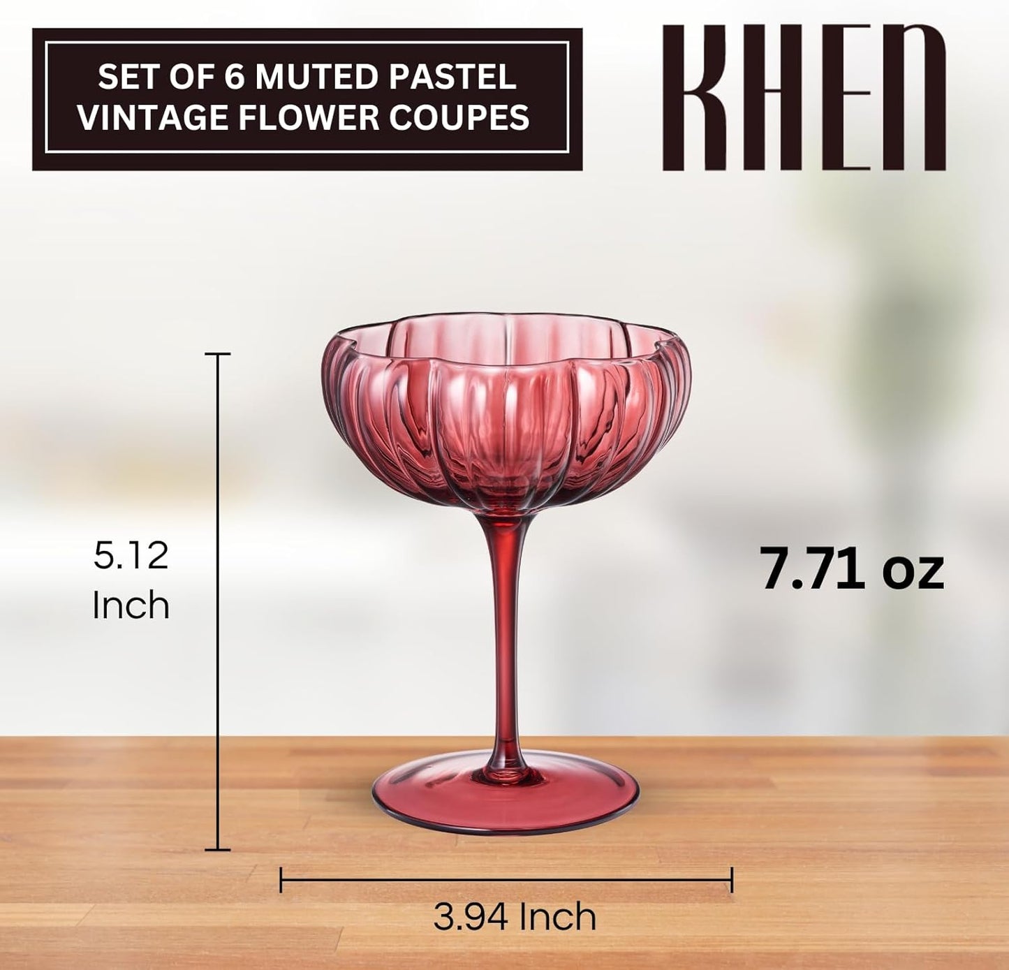 Khen Flower Modern Wavy Glass Coupes Martini, Champagne & Cocktail Coupes - Set of 6-7.7 oz Colorful Cocktail Glasses & Champagne, Prosecco, Mimosa Glassware Copyright Design - Muted Pastel Colors
