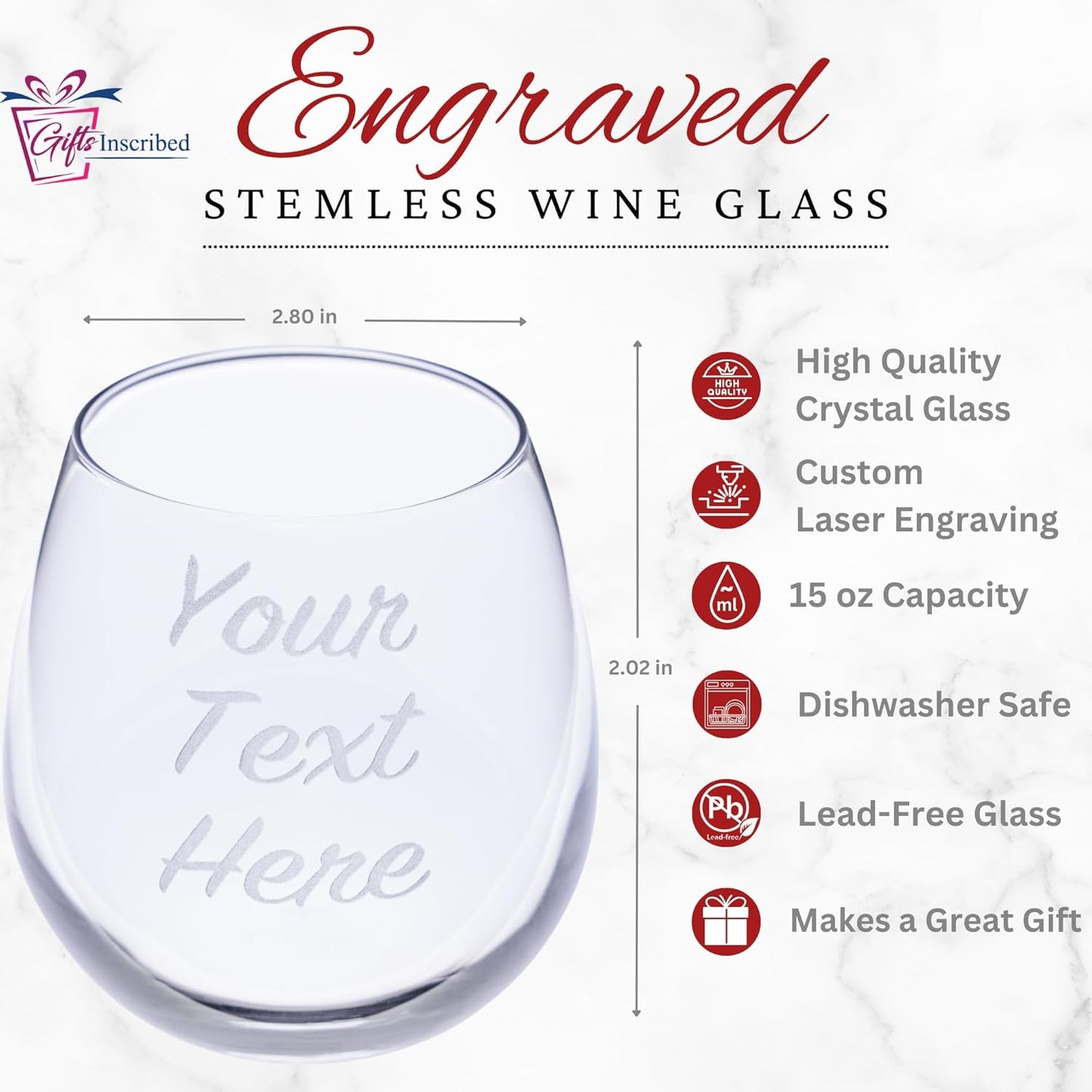 Gifts Inscribed Personalized Stemless Wine Glass – Custom Engraved Drinking Cup with Text – Laser Etched Wedding, Engagement, Anniversary, Bridal Party Gift